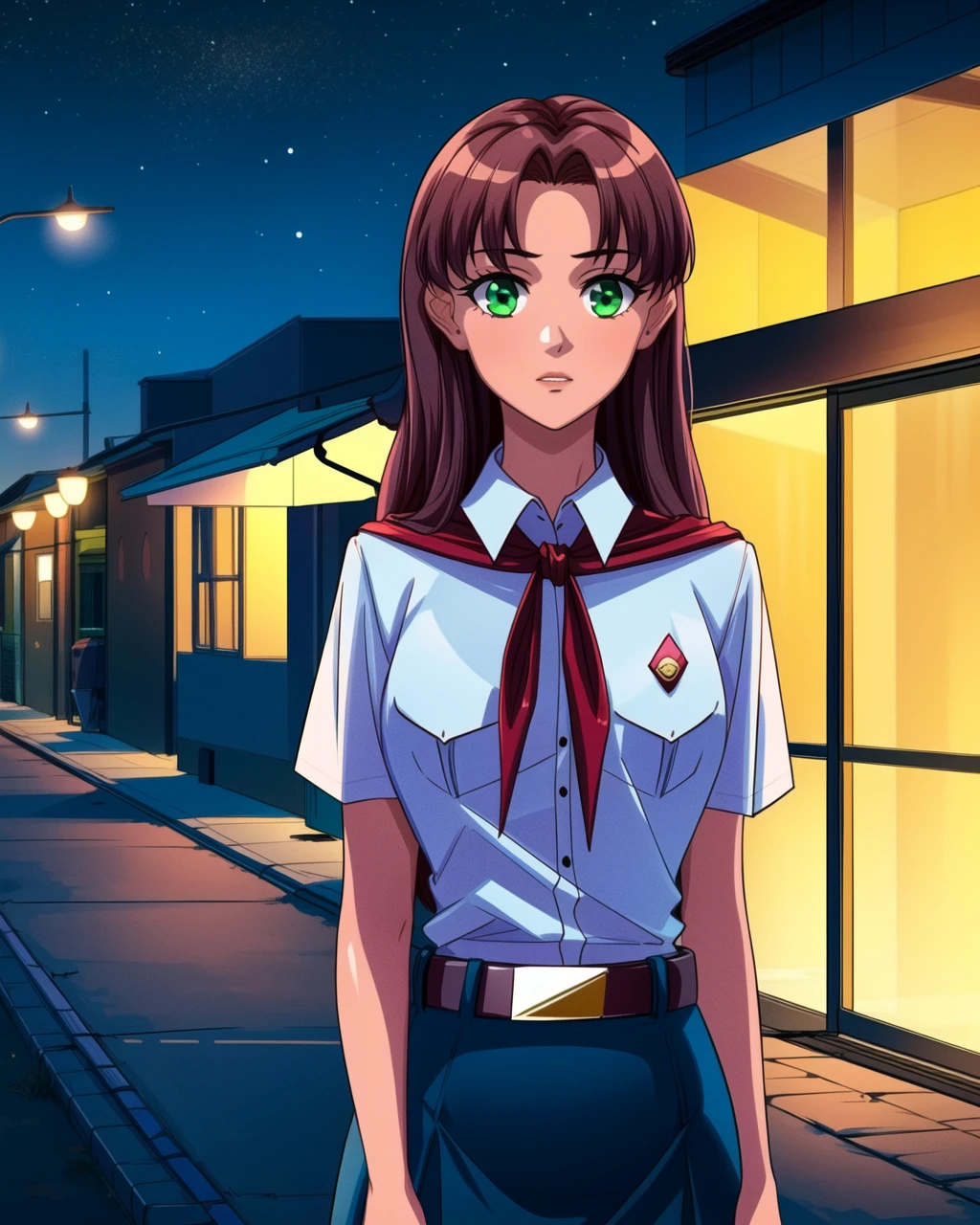 masterpiece, high quality, blolga, 1girl, standing, medium shot, upper body, green eyes, brown hair, white shirt, red badge on shirt, red bow-tied neckerchief, leather belt, blue skirt, outdoors, street, night, sky, stars, <lora:blolga:0.75>, <lora:add_detail:1>