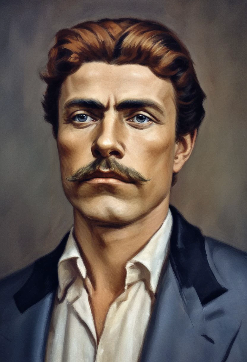 realistic high-quality ultra-high resolution image depicting Vasil Levski, arrested and thrown into the dungeon where he awaits his sentence 
Vasil Levski:
Age: 34 years
Height: About 170cm
Build: Athletic, strong
Hair: ginger, short, with gray streaks
mustache thick red pointed
Eyes: Blue, penetrating
Face: Oval, with well defined cheekbones and chin
Expression: Serious, determined, with a slight note of sadness
clothing:
Dark brown yamurluk Yamurluk is a thick outer garment of the traditional costume, designed to protect against cold and rain. Biwa with or without sleeves, made of woolen woven fabric (aba), or non-woven / felted wool and fur and compacted with tepaw.
White high collar shirt
Black pants
Brown boots
Additional details:
He wears a (revolver) in his belt 
He has a bullet scar on his left cheek
He holds a notebook in his right hand
Emotion:
Courage
Determination
Patriotism
Self-sacrifice