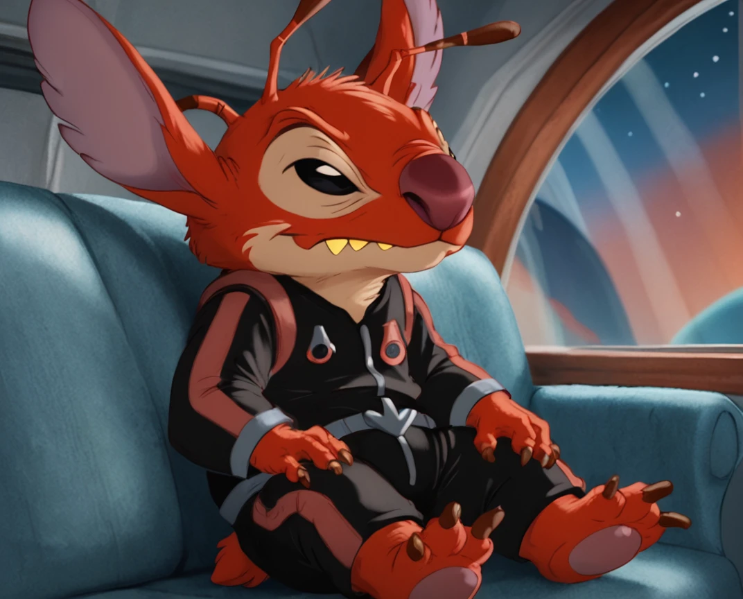 score_9, score_8_up, score_8,   <lora:Leroy_aka_Experiement_627_Leroy_and_Stitch_for_PonyXL:0.8> 1boy, furry, antennae, ler0y, solo, black eyes, sitting on couch, window, detailed backround, space outfit