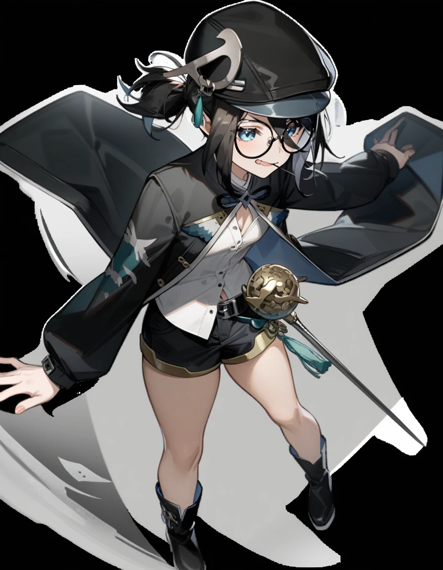 masterpiece,best quality,very aesthetic,absurdres,
<lora:maque_xl:0.9>,fellowmoon-maque,1girl,solo,shorts,blue eyes,black shorts,black hair,shirt,black footwear,hat,boots,full body,belt,holding,glasses,jacket,transparent background,open clothes,black jacket,white shirt,black headwear,long sleeves,standing,rapier,