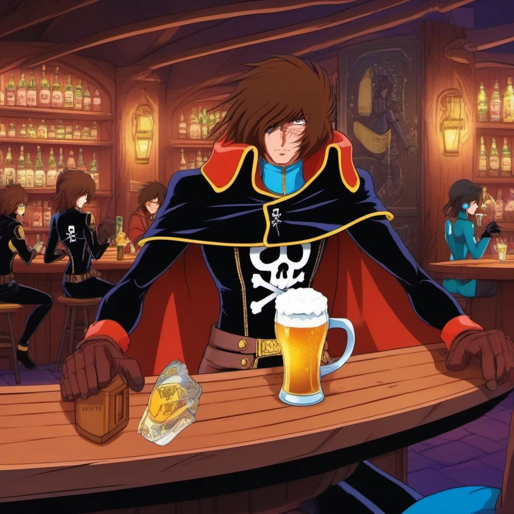 anime artwork a full body man, solo, cape, brown hair,  scar, black gloves, having a beer in a spaceopera tavern<lora:Albator1024_r1:0.8> . anime style, key visual, vibrant, studio anime,  highly detailed