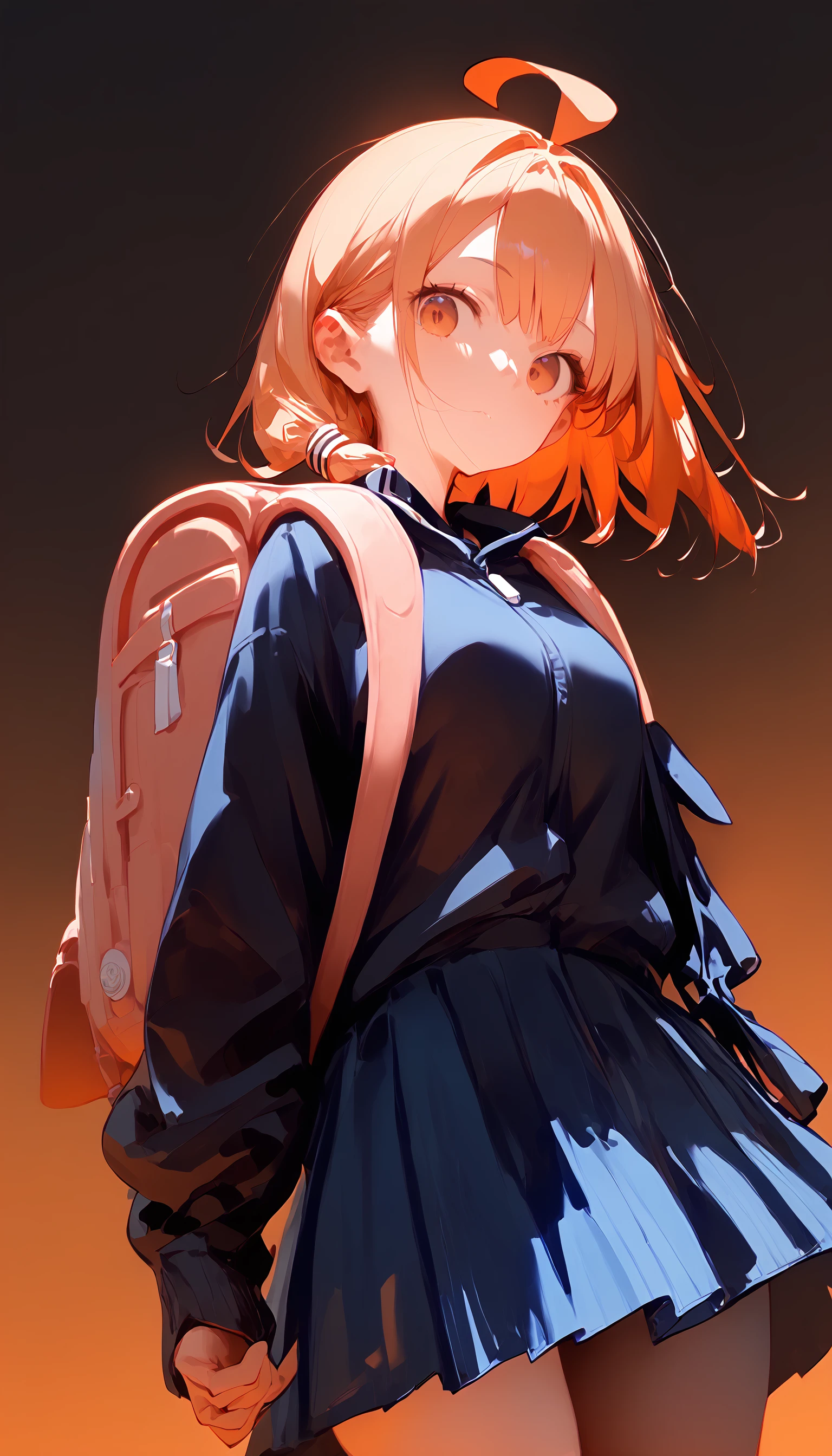 score_9,score_8_up,score_7_up,<lora:hair in mouth_pony_bx-v1.05:1>,
ahoge,hair accessory,suspender_long_skirt,looking at viewer,orange theme,backpack,