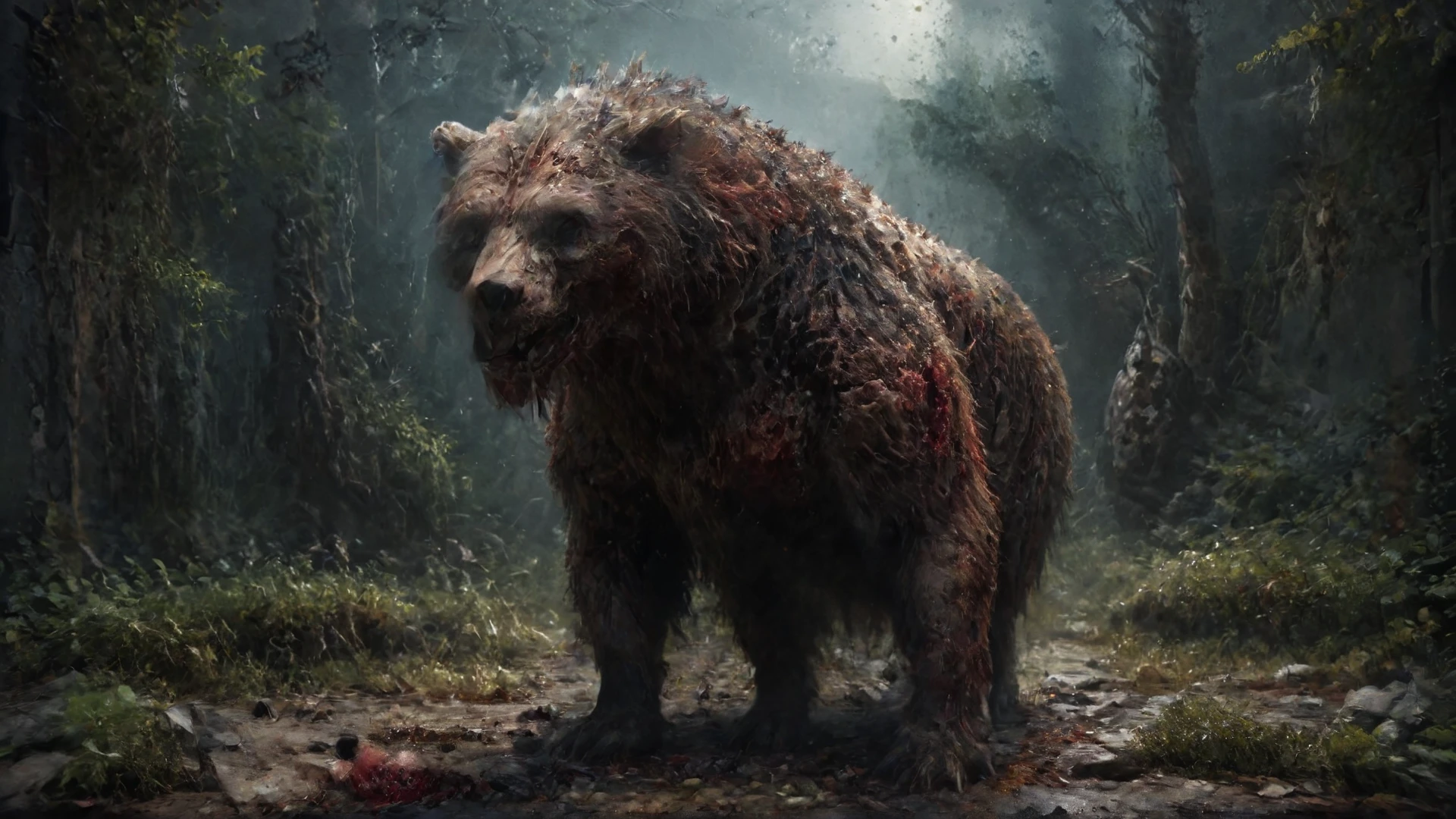 Crystal clear image, clear image, award-winning photo, bear, zombie, undead, professionally color graded, best quality, highly detailed, sharp focus, high quality, 8k image, epic photography, Pieces of decaying flesh hang off, skull, monster, tree, Animal, city, volumetric lighting, cinematic lighting, photo realistic, rendered in 8K resolution, High-Quality Artwork, walking, bloody, realistic, decay skin, overgrown plants, ultra realistic skin, ultra realistic face, ultra realistic background, ultra realistic Environmental,