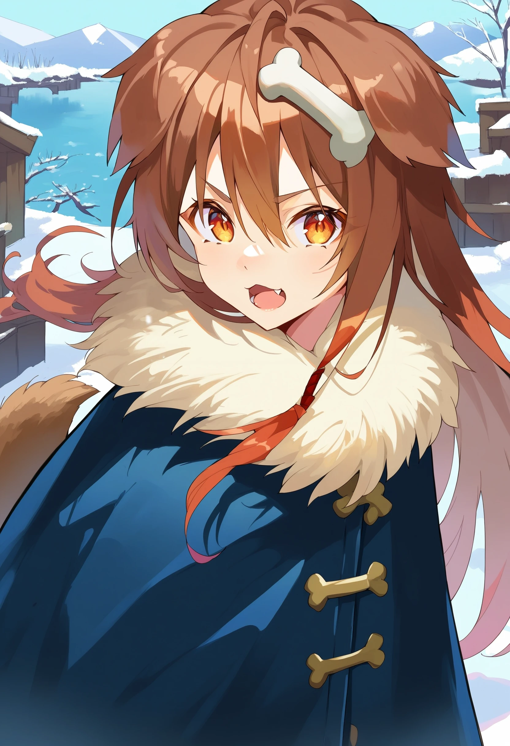 inugami korone viking, 1girl, bone hair ornament, solo, dog girl, dog ears, dog tail,
fur trim, dark blue coat, hair between eyes, very long hair, 
looking at viewer, open mouth, fang, :d,
outdoors, snow, scenery,
upper body, from above,
score_9, score_8_up, score_7_up, score_6_up, source anime,
<lora:inugami_korone_v21:1>