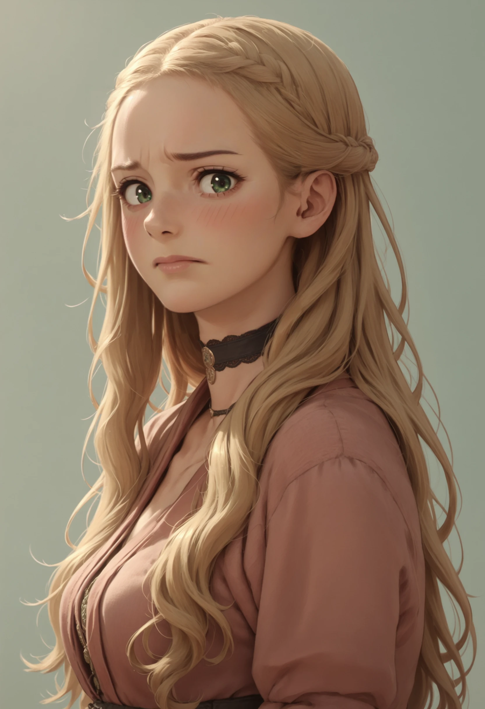 score_9, score_8_up, score_8, source_anime, 1girl, <lora:CerseiLannister_r1:0.95> solo, medium breasts, long hair, blonde hair, green eyes, dress, covered neck, upper body, embarrassed, blush, looking at viewer, choker, from side,
light blue background, simple background,