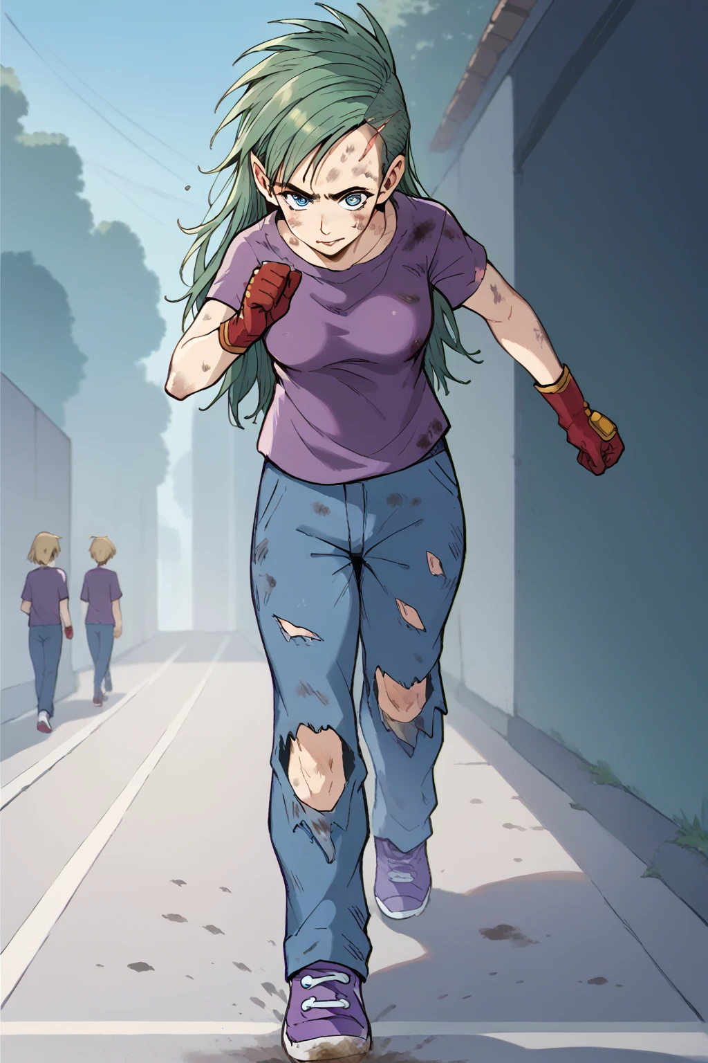 (score_9,score_8_up, score_7_up:1.1), source_anime,rating_safe, (Xkinerax:1.1), (running:1.0), frontal perspective, long wide jean pants with tears at the knees, big purple sneakers, purple t-shirt, dirty ,beautiful face, Red gloves with yellow details, elbows, panic face,blue eyes<lora:EMS-405310-EMS:1.000000>