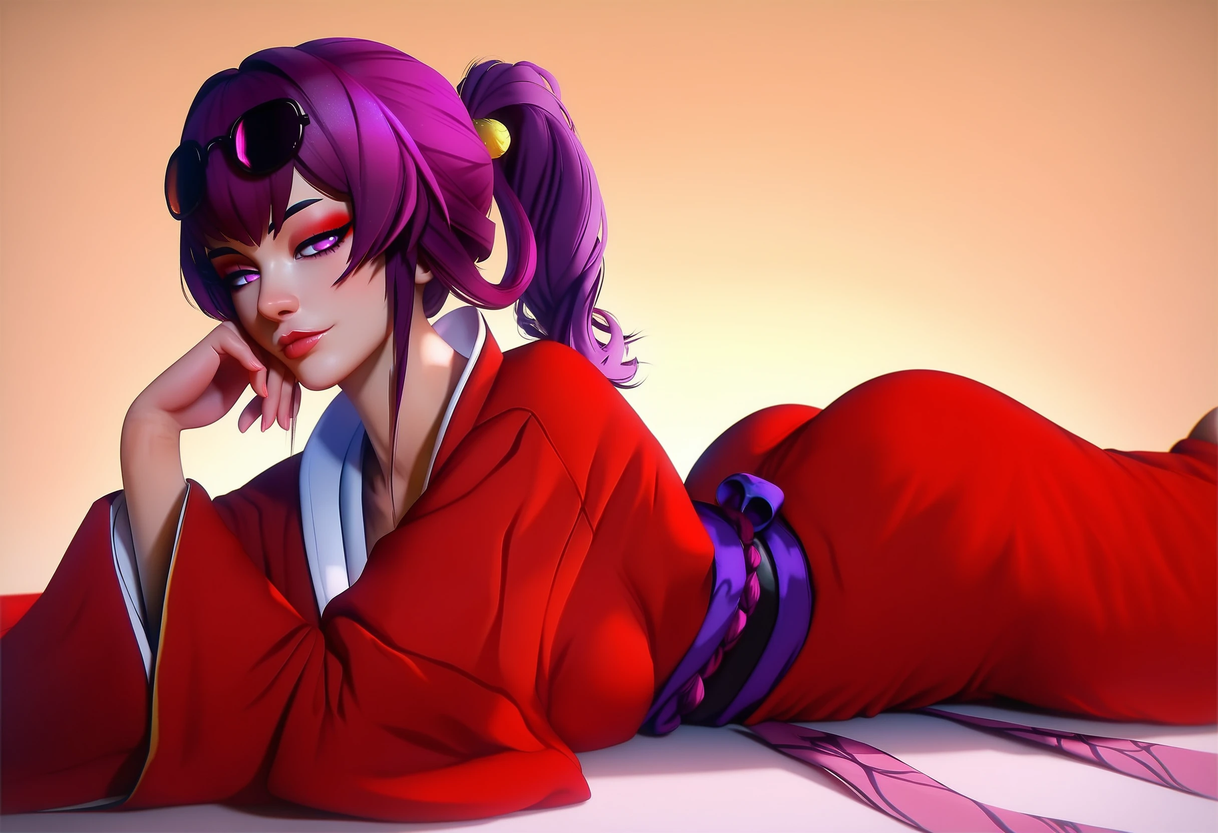 zPDXL, k4fk4, 1girl, eyewear on head, purple hair, sunglasses, ponytail, purple eyes, bangs, long hair, lying on stomach, seductive pose, makeup, provocative look, wearing red semi-transparent kimono,  <lora:Kafka_-_Honkai_Star_Rail_-_PonyXL-000009:1>