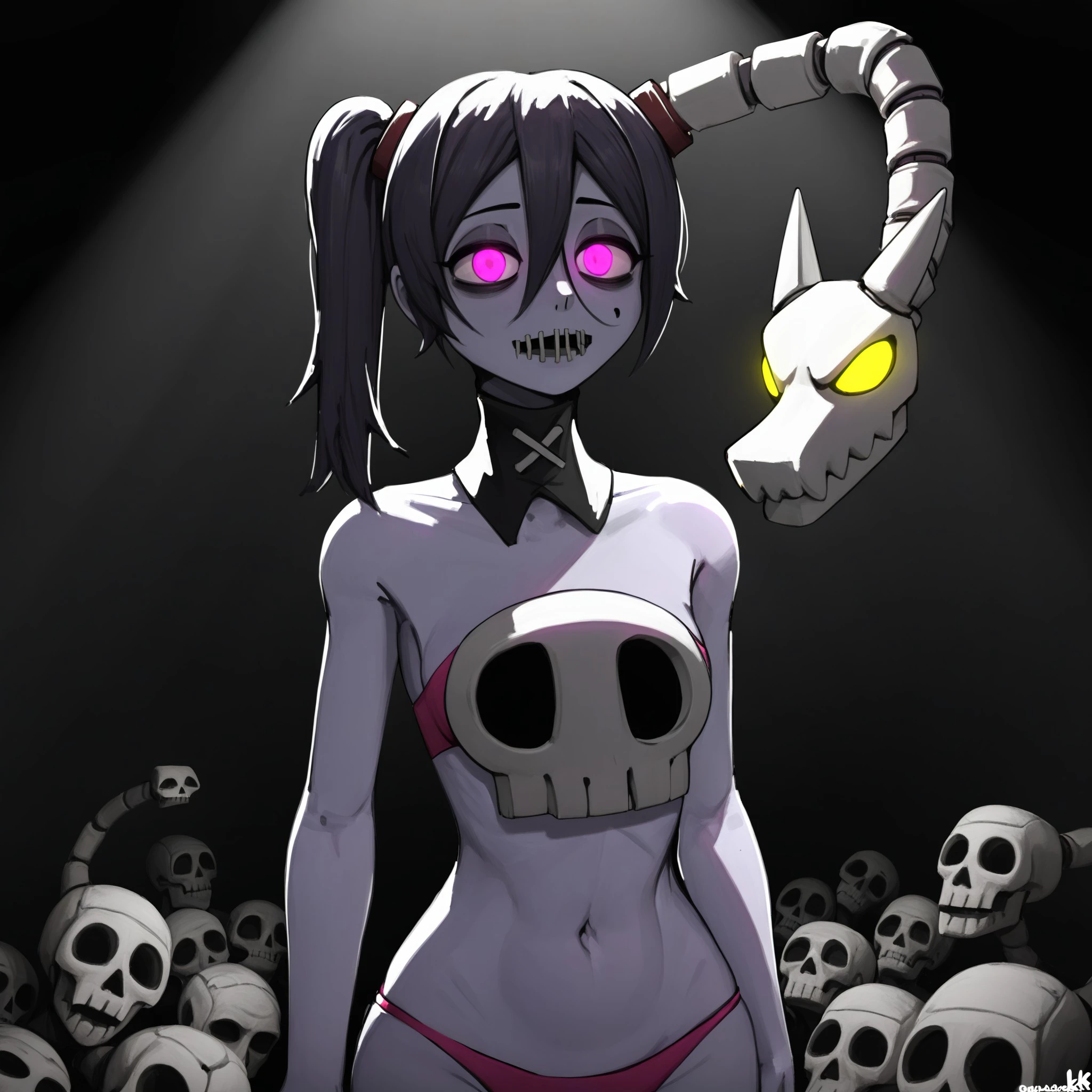 Squigly, hair in a side ponytail, detached collar, colored skin, skull, stitches, zombie-like appearance, wearing a bikini, (best quality,4k,8k,highres,masterpiece:1.2),ultra-detailed,horror,dark and moody,dramatic lighting,vibrant colors, <lora:633cc171-ba93-4c39-8d2d-c6d0dc488299:0.7>