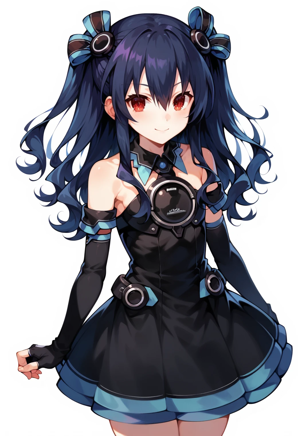 score_9, score_7_up, hd, (ultra hd quality details), white background,
solo, 1girl, uninpbase, red eyes, two-side up, hair between eyes, hair ornament,
1niblackdress, hair ribbon, bare shoulders, elbow gloves, fingerless gloves,
looking at viewer, smile,
standing,
<lora:_uni-neptunia-elesico-pony_r1:1>