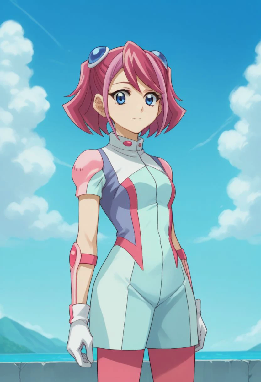 score_9, score_8_up, score_7_up, source_anime, highly detailed, 
zuzu, 1girl, solo, blue eyes, pink hair, multicolored hair, two-tone hair, twintails, gloves, pantyhose, short twintails,
bodysuit,
outdoor, blue sky, clouds,