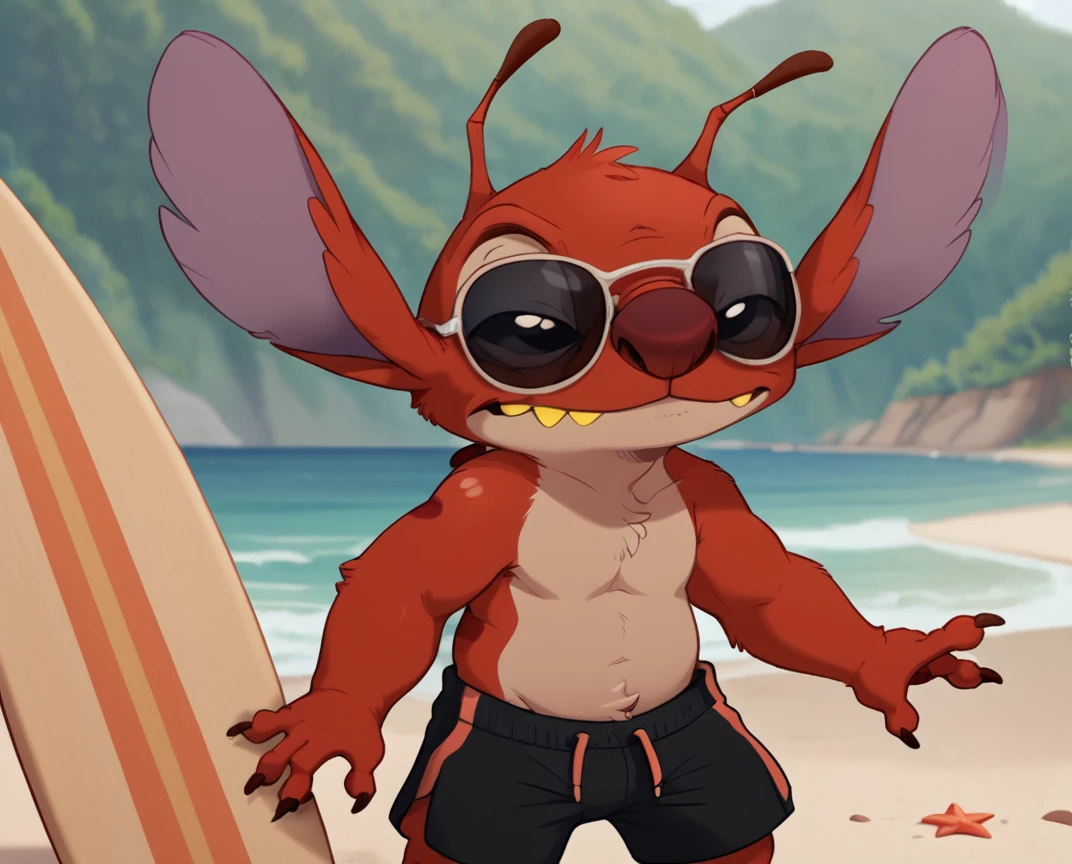 score_9, score_8_up, score_8,   <lora:Leroy_aka_Experiement_627_Leroy_and_Stitch_for_PonyXL:0.8> 1boy, furry, antennae, ler0y, solo, black eyes, solo, swim trunks, beach, surf board, sunglasses