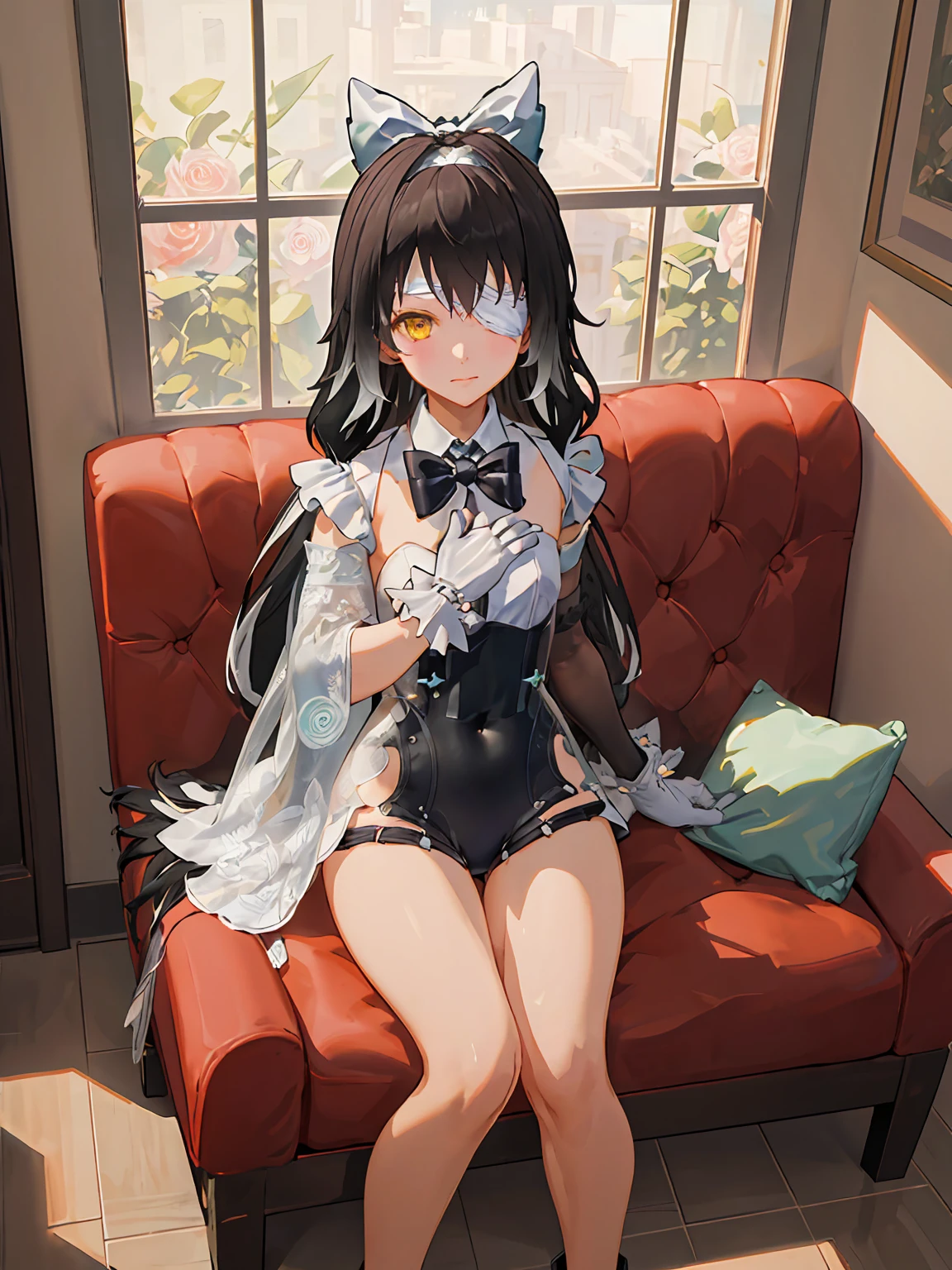 from_above, cowboy shot, hand on own chest,  MAUXIR, leotard, asymmetrical_sleeves, single_gloves,   bowtie, hair_bow, yellow_eyes, eyepatch, two-tone_hair,  long hair,  black hair,  full_body,  1girl, solo,  looking at viewer,    sitting on sofa,  day, indoors, dappled sunlight,   (masterpiece,best quality,beautiful and aesthetic:1.2), <lora:MAUXIR-V3:1>