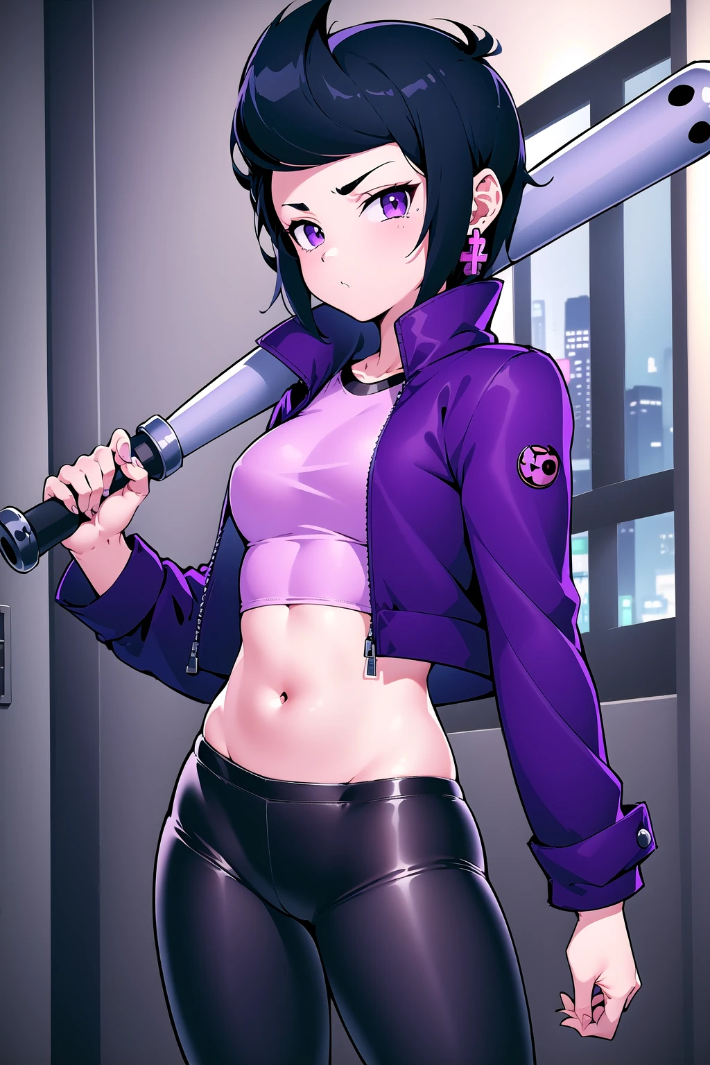 (masterpiece, best quality), bibiBS, 1girl, solo, athletic body, purple eyes, black hair, short hair, cross earrings, purple jacket, crop jacket, long sleeves, crop top, pink top, midriff, black pants, <lora:Bibi__Brawl_Stars:0.7>,
baseball bat, holding baseball bat, over shoulder, (indoors, night club:1.3)