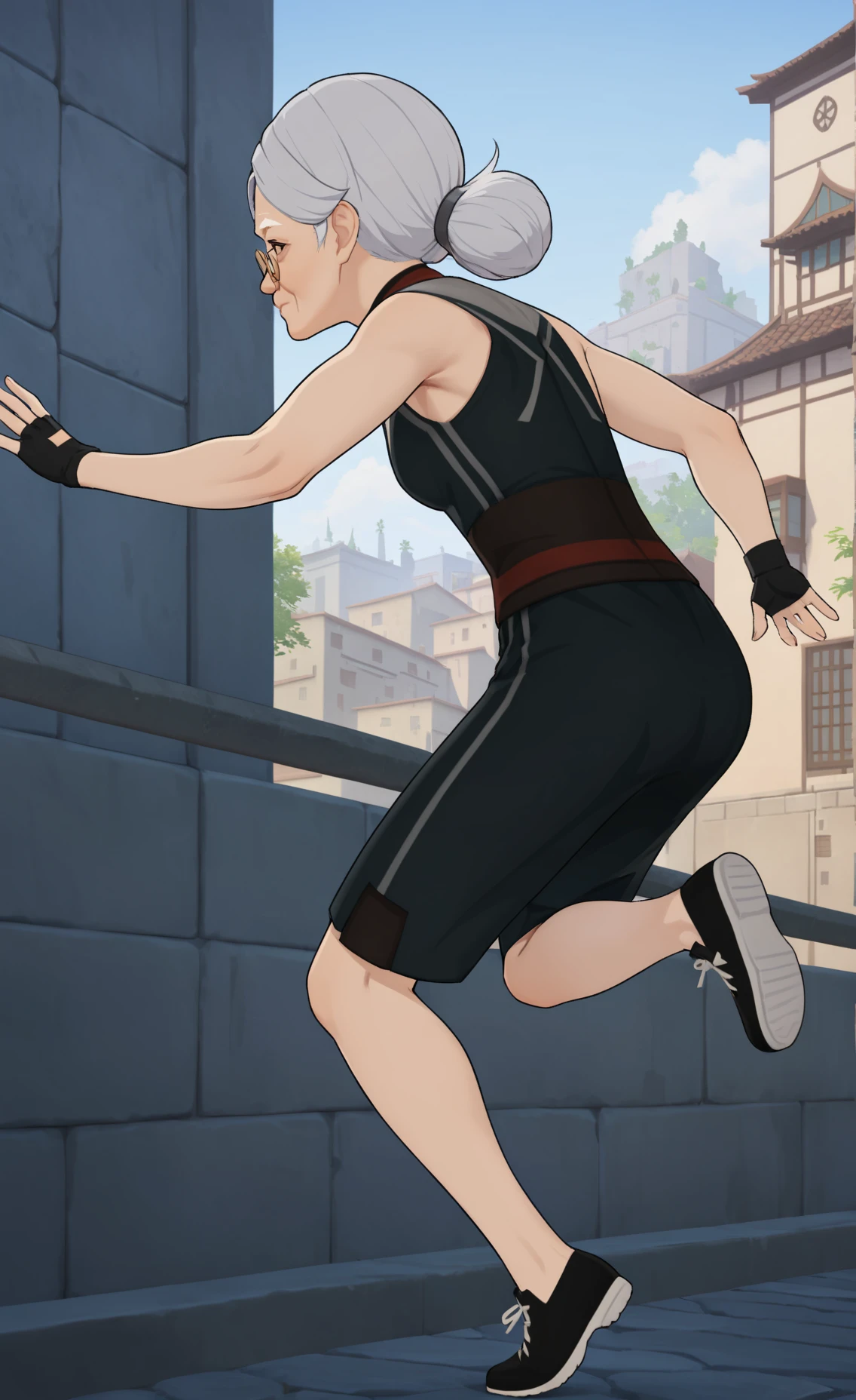 8k, best quality, masterpiece, (ultra-detailed), (high detailed skin),
<lora:ping-gui-A3-Tanger:0.8>, ( pingll, pingll's def clothes:1.3), old woman, old, 1girl, grey hair, black footwear, pingll's dress,
An elderly woman, dressed in athletic gear, deftly navigates an urban landscape. She jumps over railings, scales walls, and vaults over obstacles with surprising agility. Her face is focused and determined as she moves swiftly through the streets, drawing amazed looks from onlookers. The city's graffiti-covered walls and concrete structures form a dynamic backdrop to her impressive parkour skills.