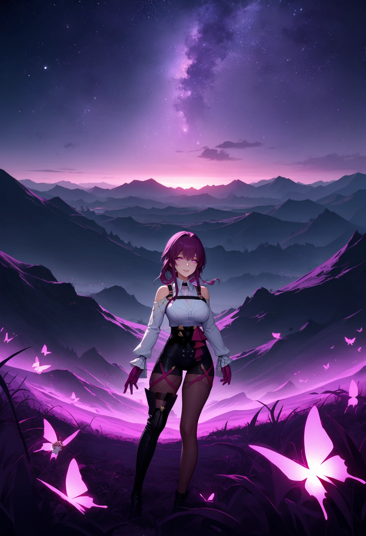 <lora:kafka_hsr_xypher_amxl_v1:0.8> kafhsr, no pupils, (kafka:0.7), smile, collared shirt, shoulder cutout, long sleeves, purple gloves, black shorts, pantyhose under shorts, thigh straps, single thigh boot, thigh boots, black boots, starry sky, scenery, field, butterfly, glowing, landscape, masterpiece, best quality, very aesthetic, absurdres, 4k, highly detailed, purple theme