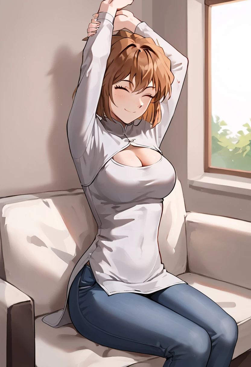 miyano_shiho, brown hair, closed eyes, short hair,  medium breasts,china dress, gray sweater, long sleeves, cleavage cutout, tight jeans
BREAK
indoors, living room, sofa
BREAK
sitted, sit on sofa, looking at viewer, closed mouth, sexy smile, flirty, arms up, stretching,
BREAK
score_9, score_8_up, score_7_up, source_anime ,zPDXL, <lora:Miyano_Shiho:0.8>