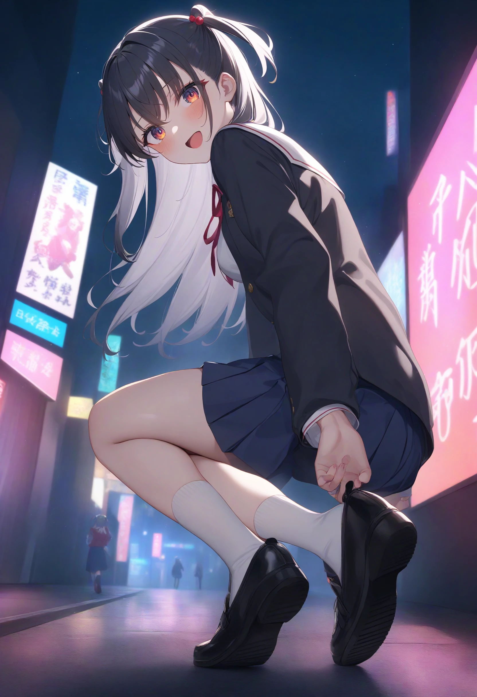 1girl,sincos, ningen mame, toosaka asagi,solo,medium breasts,school uniform,
adjusting footwear,adjusting clothes,putting on shoes,shoes,<lora:adjustingfootwear_XL_v1:0.8>
from behind, full body, looking away, gray hair, orange eyes,laugh, rainy night in a cyberpunk city with glowing neon lights, open mouth, two side up hair,,
best quality, very aesthetic, absurdres