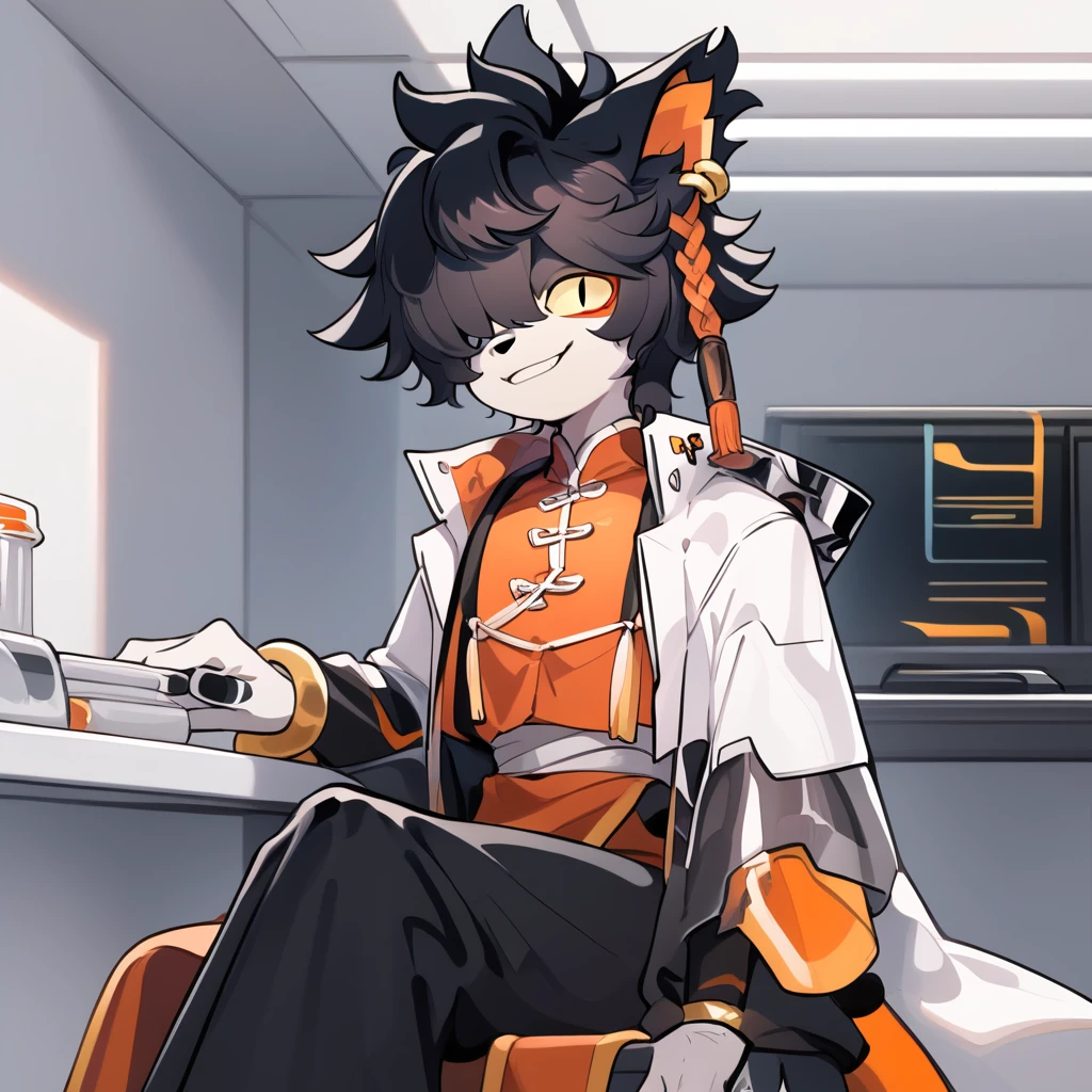 score_9, anime, detailed, soft lighting, 1boy, laboratory office, solo anthro male aakarknights, black hair, bangs, hair over one eye, earrings, orange single braid, yellow sclera, slit pupils, black pants, white coat, white sash. chinese clothes, orange vest, looking at viewer, smiling, sitting on chair, smug<lora:EMS-404892-EMS:1.000000>, <lora:EMS-355684-EMS:0.800000>