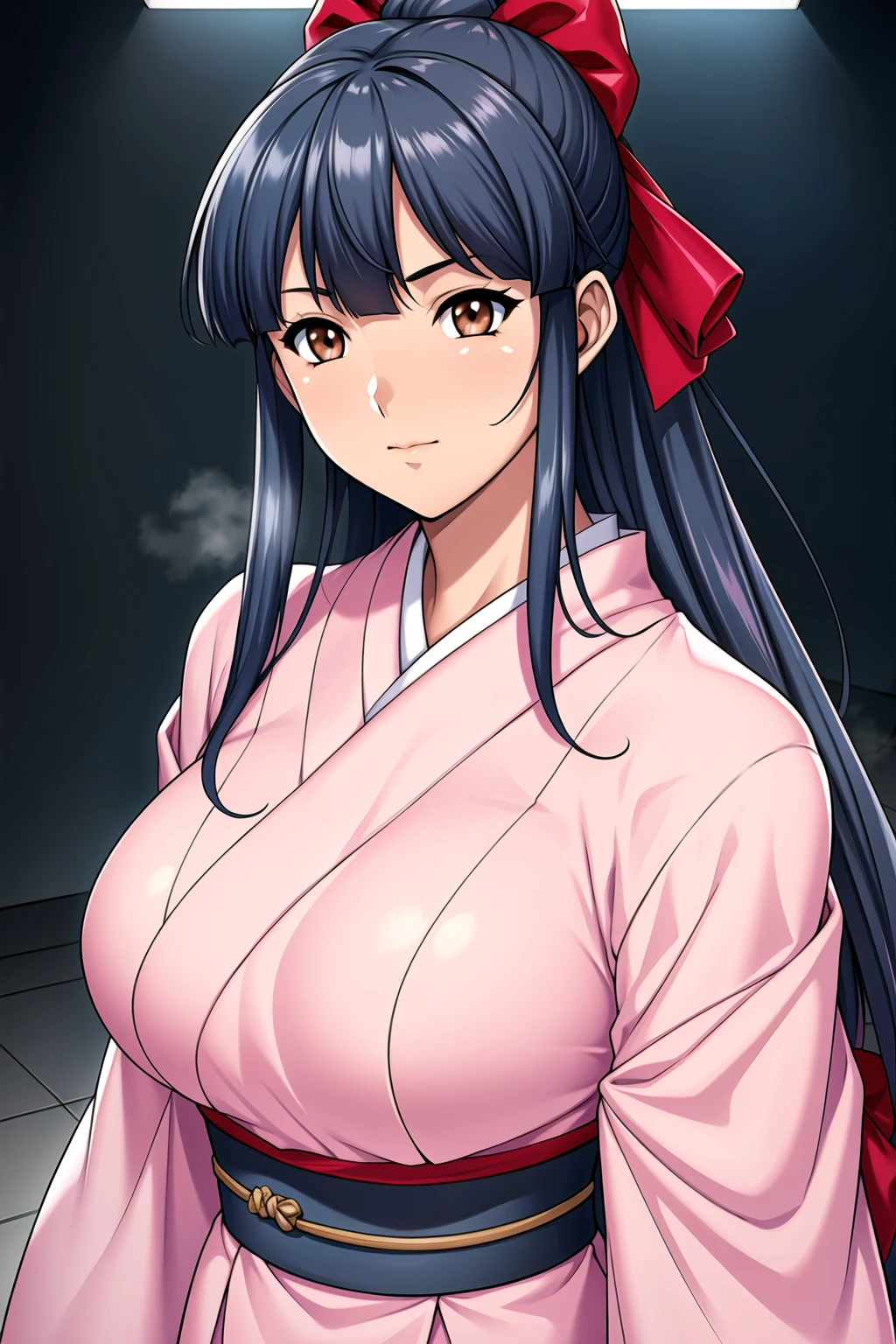 Simple White Background,
dynamic pose,standing at attention,
pink kimono , long sleeves, wide sleeves, japanese clothes, 
<lora:Sakura_Shinguji_SakuraWars-KK77-V1:0.7>,
brown eyes, blue hair,Long hair,hair hair ribbon, blunt bangs, 
<lora:more_details:0.1>,<lora:Oda_Non_Style-KK77-V2:0.3>,<lora:Sexy_AIart-KK77-V1:0.3>,
1 girl, 20yo,Young female,Beautiful long legs,Beautiful body,
Beautiful Nose,Beautiful character design, perfect eyes, perfect face,expressive eyes,perfect balance,
looking at viewer,(Focus on her face),closed mouth, (innocent_big_eyes:1.0),(Light_Smile:0.3),
official art,extremely detailed CG unity 8k wallpaper, perfect lighting,Colorful, Bright_Front_face_Lighting,White skin,
(masterpiece:1.0),(best_quality:1.0), ultra high res,4K,ultra-detailed,
photography, 8K, HDR, highres, absurdres:1.2, Kodak portra 400, film grain, blurry background, bokeh:1.2, lens flare, (vibrant_color:1.2),professional photograph,
(Beautiful,large_Breasts:1.4), (beautiful_face:1.5),(narrow_waist),