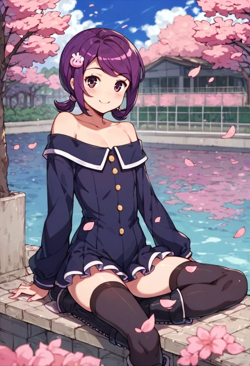 score_9,score_8_up,score_7_up,score_9,score_8_up,score_8,ultra detailed,beautiful face,highres,1girl, solo, looking at viewer, drab, stand
BREAK 
full body, girl, flat chest, bright smile, blush, purple hair, purple eyes, short hair, short twintail, off shoulder, layered mini skirt, cute little feet,black stockings,black boots,sky,cloud,outdoors,park,river,1chair, sunrise,  cherry blossom,