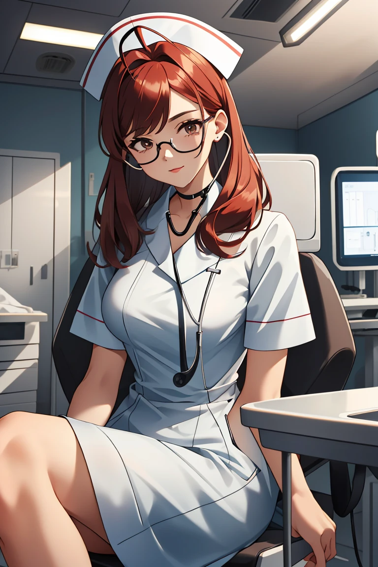 (RAW photo, best quality,facing the viewer,from front), operating room, overhead surgical light,blurred background, focused, dithering,backlighting,
 <lora:CM_Nurse_Stethoscope_Listen_V2.0-000005:0.85> nurse_listensteth, 1girl, solo, nurse, stethoscope, nurse cap, sitting, 
 <lora:Claudia_Suzuki_V1.0:0.65> claudia suzuki, mature female, semi-rimless eyewear, red hair, long hair, brown eyes, antenna hair,