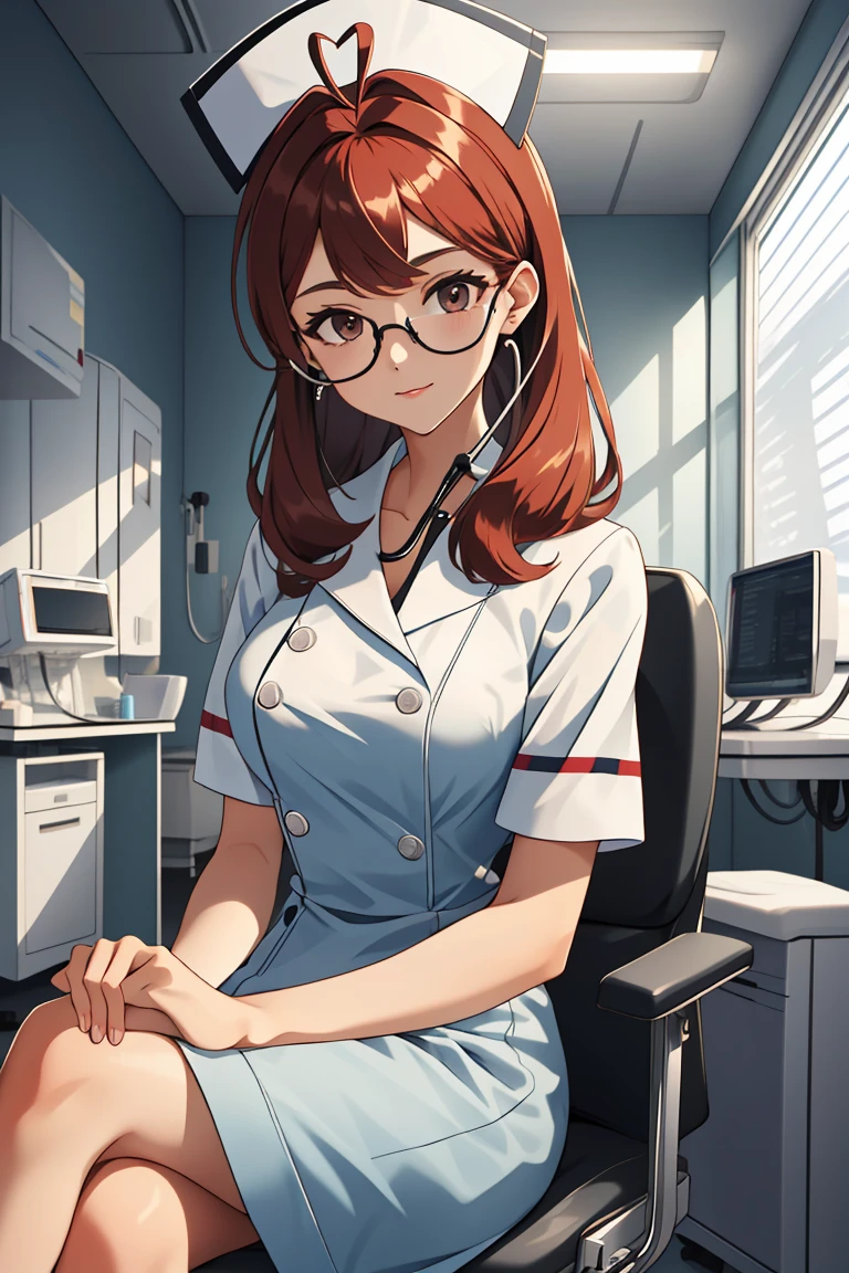 (RAW photo, best quality,facing the viewer,from front), operating room, overhead surgical light,blurred background, focused, dithering,backlighting,
 <lora:CM_Nurse_Stethoscope_Listen_V2.0-000005:0.85> nurse_listensteth, 1girl, solo, nurse, stethoscope, nurse cap, sitting, 
 <lora:Claudia_Suzuki_V1.0:0.65> claudia suzuki, mature female, semi-rimless eyewear, red hair, long hair, brown eyes, antenna hair,