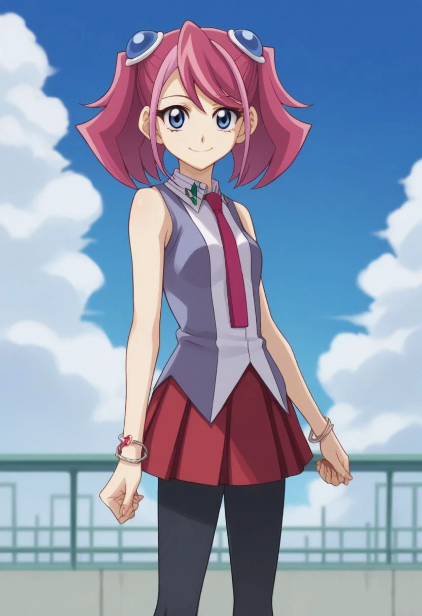 score_9, score_8_up, score_7_up, source_anime, highly detailed, 
zuzu, 1girl, solo, blue eyes, pink hair, pantyhose, bracelet, jewelry, necktie, multicolored hair, two-tone hair, smile, skirt, sleeveless, twintails, school uniform,
outdoor, blue sky, clouds,