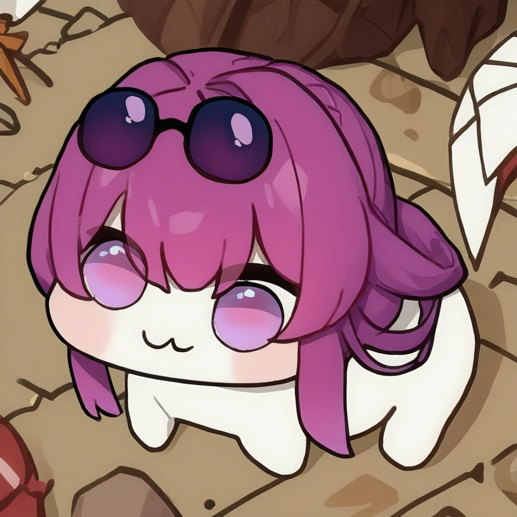 score_9, score_8_up, score_7_up, source_anime, <lora:Kafka-000008:1>, kafkadef, 1girl, no humans, solid circle eyes, no pupils, white skin, doro, creature, chibi, :3, purple eyes, bangs, eyewear on head <lora:Doro_X_PDXL_V1:1>