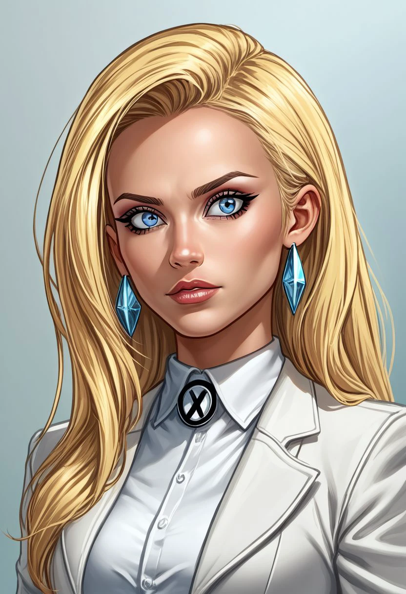 END_EMM4FR0ST, 1girl, solo, long hair, blonde hair, blue eyes, jewelry, upper body, earrings, lips, blue. lips, white jacket, collared shirt, white shirt, formal shirt, source_newest, source_cartoon, portrait BREAK PonyXLV6_Scores