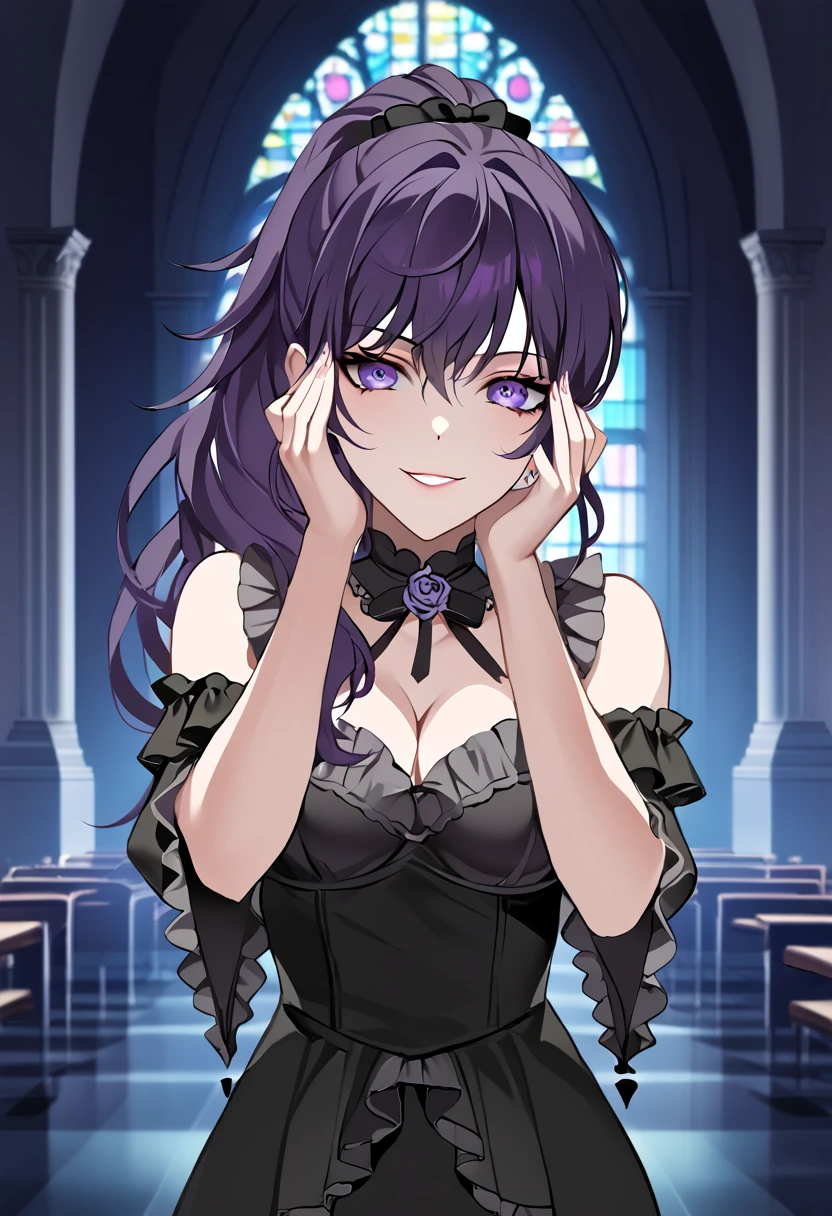 asahina_mafuyu, purple hair, long hair, ponytail, purple eyes,medium breasts, gothic, gothic black dress, frilled dress, cleavage
BREAK
indoors, gothic church, night
BREAK
cowboy shot,standing,  flirty, sexy smile, evil smile, front view, closed mouth, hands face, yandere, dark glare, yandere trance, parted lips,
BREAK
best quality, masterpiece,score_9, score_8_up, score_7_up, perfect hand, , source_anime, zPDXL, <lora:Asahina_Mafuyu_r2:0.8>, <lora:yandere_trance_v1_pruned:0.8>