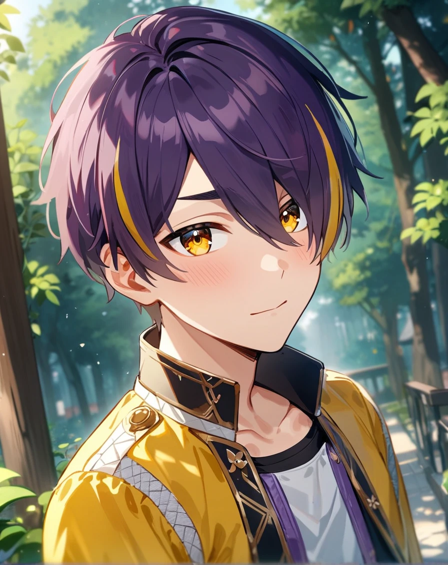 1boy, solo, male only, male focus, upper body, <lora:sengoku_shinobu_sdxl_lora:1>, (sengoku shinobu, purple hair, streaked hair, yellow hair, short hair, hair between eyes, bangs, yellow eyes), outdoors, looking at viewer, masterpiece, best quality, very aesthetic, absurdres, very detailed, sensitive, <lora:Lightning-8:0.5>