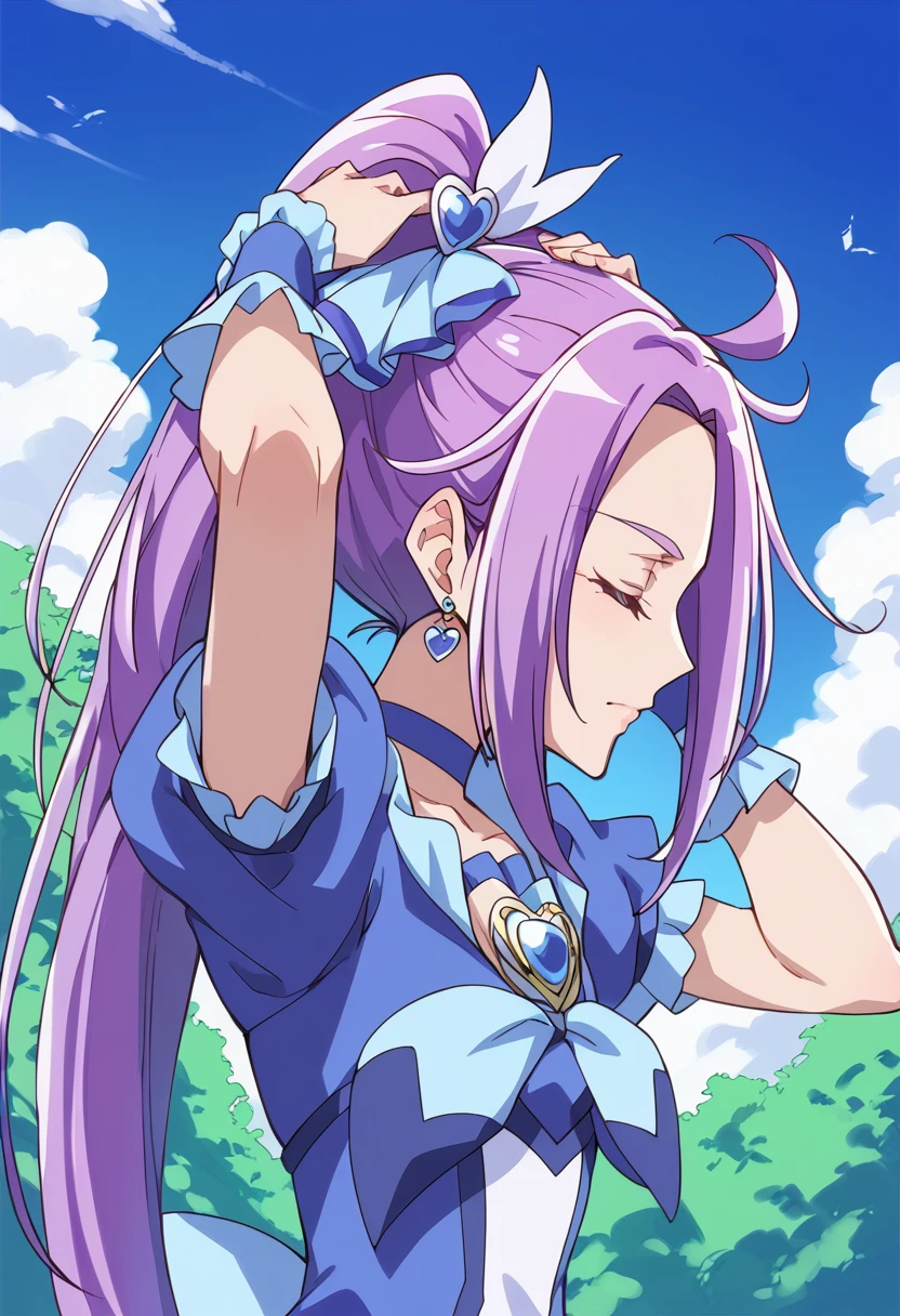 score_9, score_8_up, score_7_up, source_anime BREAK
cure beat, 1girl, solo, purple hair, closed eyes, blue choker, side ponytail, cloud, high ponytail, day, ponytail, wrist cuffs, heart hair ornament, eyelashes, upper body, tree, ribbon, blue sky, profile, frills, hairpin, brooch, outdoors, blue bow, hand on own head, arm warmers, closed mouth, ahoge, short hair, arm up, blue dress, anime coloring, hand in hair, purple choker, very long hair, cloudy sky, blue skirt, from side, hand on forehead, heart earrings, puffy short sleeves
<lora:cure_beat_kurokawa_eren_sdxl_locon_pony_v1:0.7>