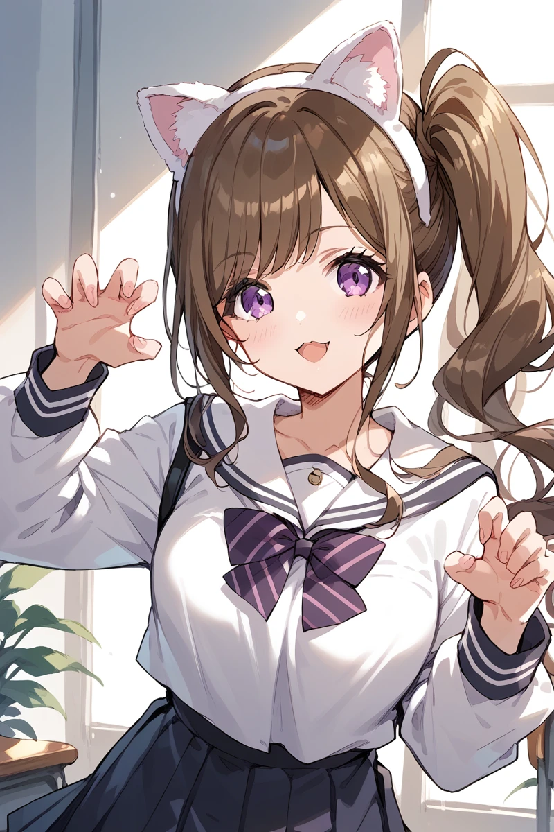 score_9, score_8_up, score_7_up, score_6_up, 1girl,
 <lora:Mizushima_Marika_r2:0.9> marika, brown hair, purple eyes, long hair, side ponytail, school uniform, fake cat ears, cat pose,