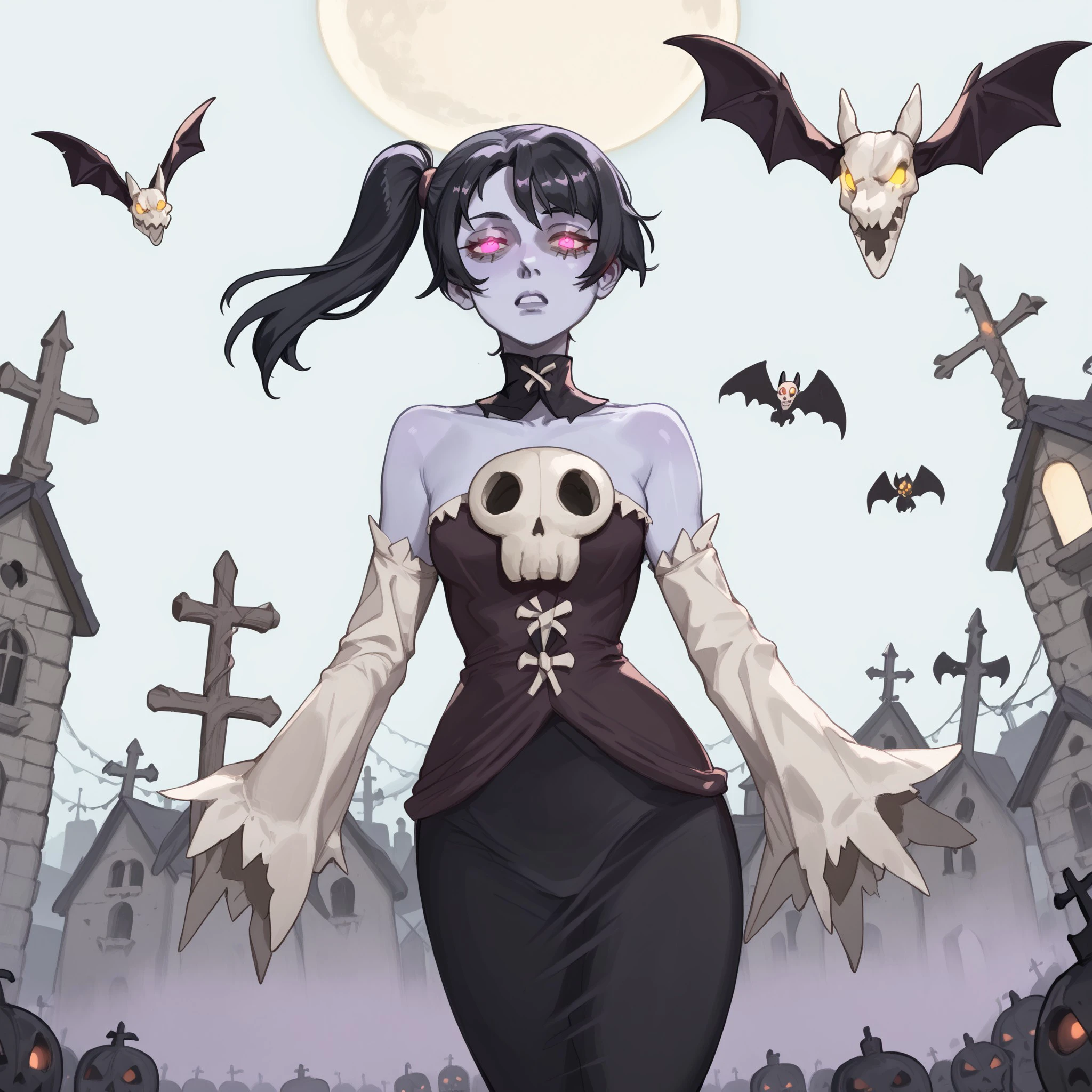 Squigly, hair in a side ponytail, black hair, detached collar, colored skin, skull, stitches, zombie-like appearance, standing under a full moon, eerie fog swirling around, glowing eyes, tattered dress, spooky graveyard in the background, bats flying overhead, dark and mysterious atmosphere, Thick Tribal Style, , <lora:93620cfd-4e08-4d6b-9a9d-fbaa84992aac:0.7>, <lora:633cc171-ba93-4c39-8d2d-c6d0dc488299:0.8>