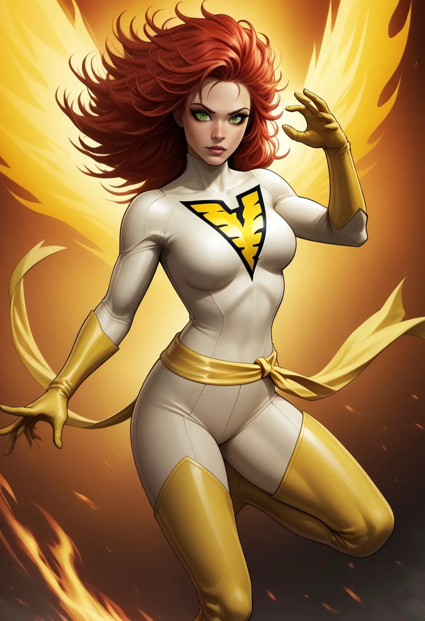 end_jngr3y, 1girl, solo, long hair, looking at viewer,  medium breasts, green eyes, red hair, thigh boots, boots,  white bodysuit,  multicolored bodysuit, yellow gloves, yellow thighhighs, yellow bodysuit, yellow belt, yellow waist ribbon,  yellow sash, phoenix symbol, bodysuit, messy hair,  flying, dynamic pose, phoenix flames, BREAK PonyXLV6_Scores