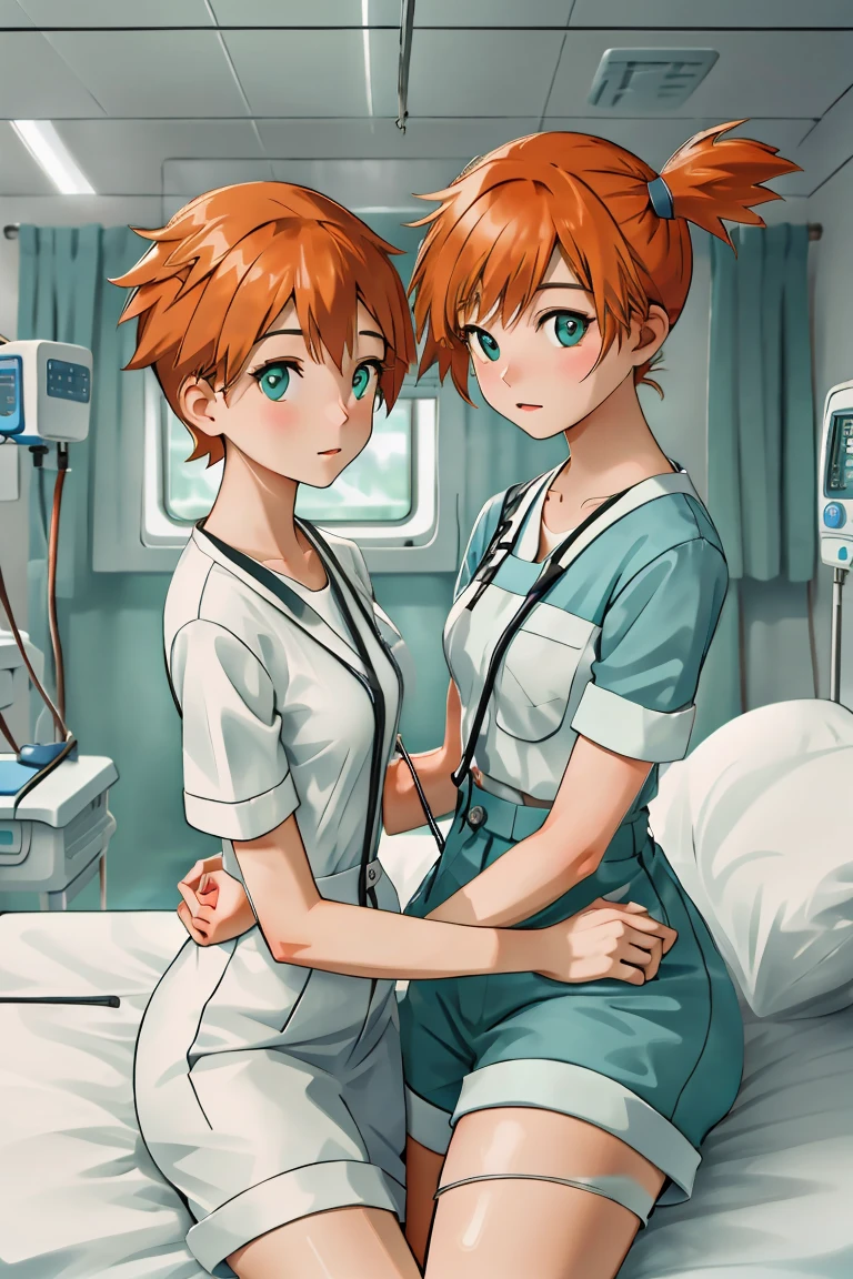 (RAW photo, best quality,facing the viewer,from front), operating room, overhead surgical light,blurred background, focused, dithering,backlighting,
 <lora:CM_Scene_Nurse_Taking_Vitals_V2.0-000005:0.85> nurse taking vitals, 2girls, hospital bed,
 <lora:misty_(pokemon)_v2:0.65> 1girl, misty \(pokemon\), orange hair, short hair, solo, green eyes,