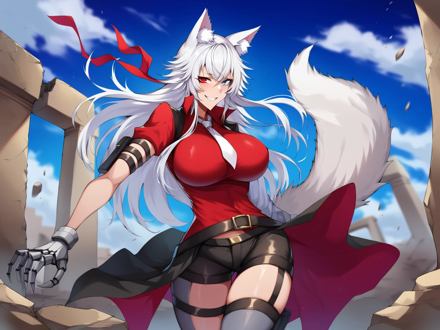 Nsfw, looking at viewer, from below, devious grin, sexy pose, BREAK,
eyepatch,one-eyed,red eyes,bangs, muscular female,long hair,dark skin,dark-skinned female,animal ears,grey hair,scar,scar on face,scar on cheek,choker,cat ears,animal ear fluff,large breasts,hair between eyes,red choker,collarbone,sidelocks,scar on stomach,navel,abs,
bandeau,fur trim,jacket,bare shoulders,fur-trimmed jacket, huge boobs, off shoulder,black jacket, highleg panties, tail , long sleeves, sheath, bridal gauntlets ,cat tail, sheathed, obliques, open clothes, tail ring,groin,gloves,open jacket,
BREAK, official art,extremely detailed, perfect lighting, Bright_Front_face_Lighting,shiny skin, wet skin, (masterpiece:1.0),(best_quality:1.0), ultra high res,4K,ultra-detailed, photography, 8K, HDR, highres, (absurdres:1.2), Kodak portra 400, white background, (beautiful_face:1.5), topless, nude, naked, massive boobs