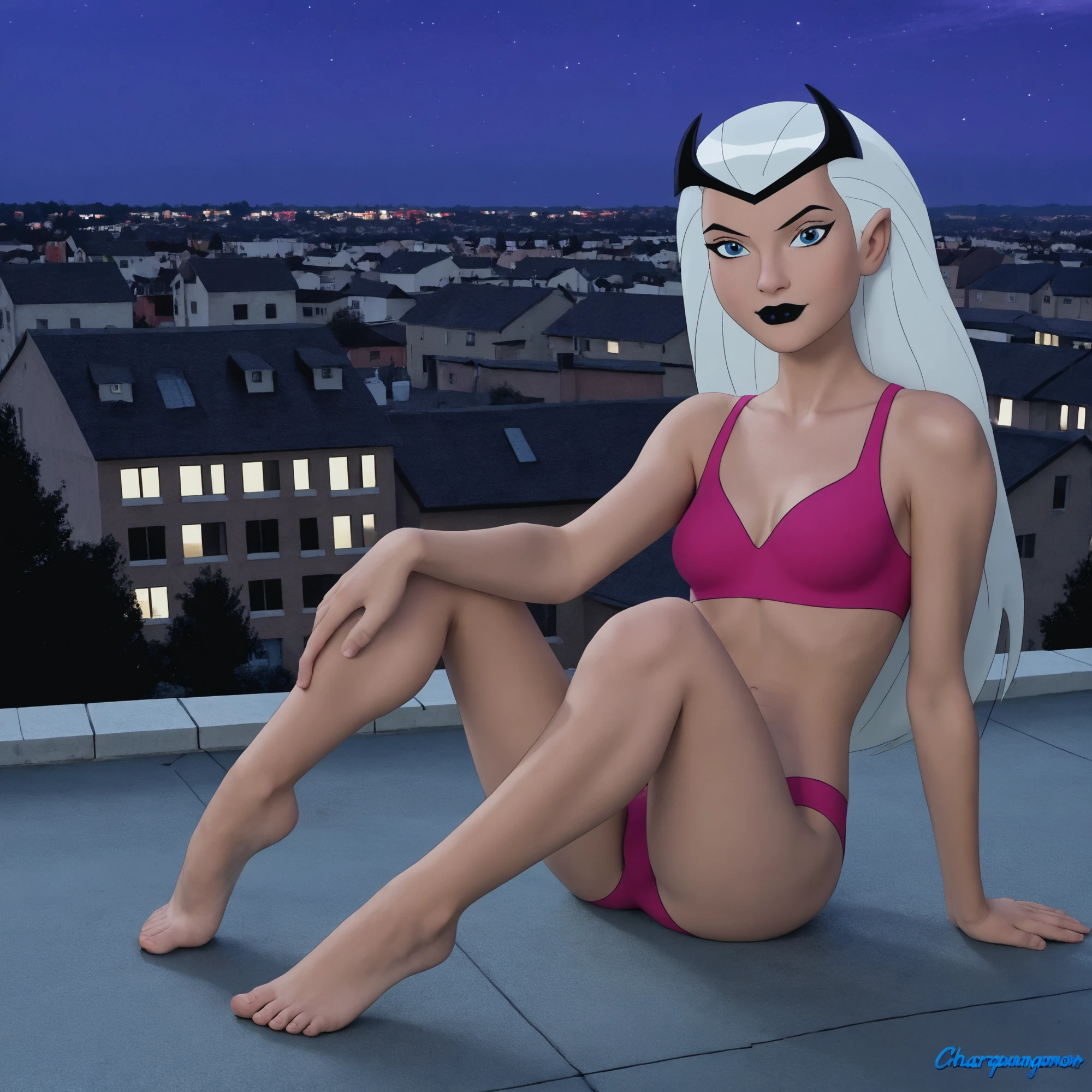 1 girl, charmcaster,, white hair, blue eyes, black lipstick, posing on rooftop of building at night