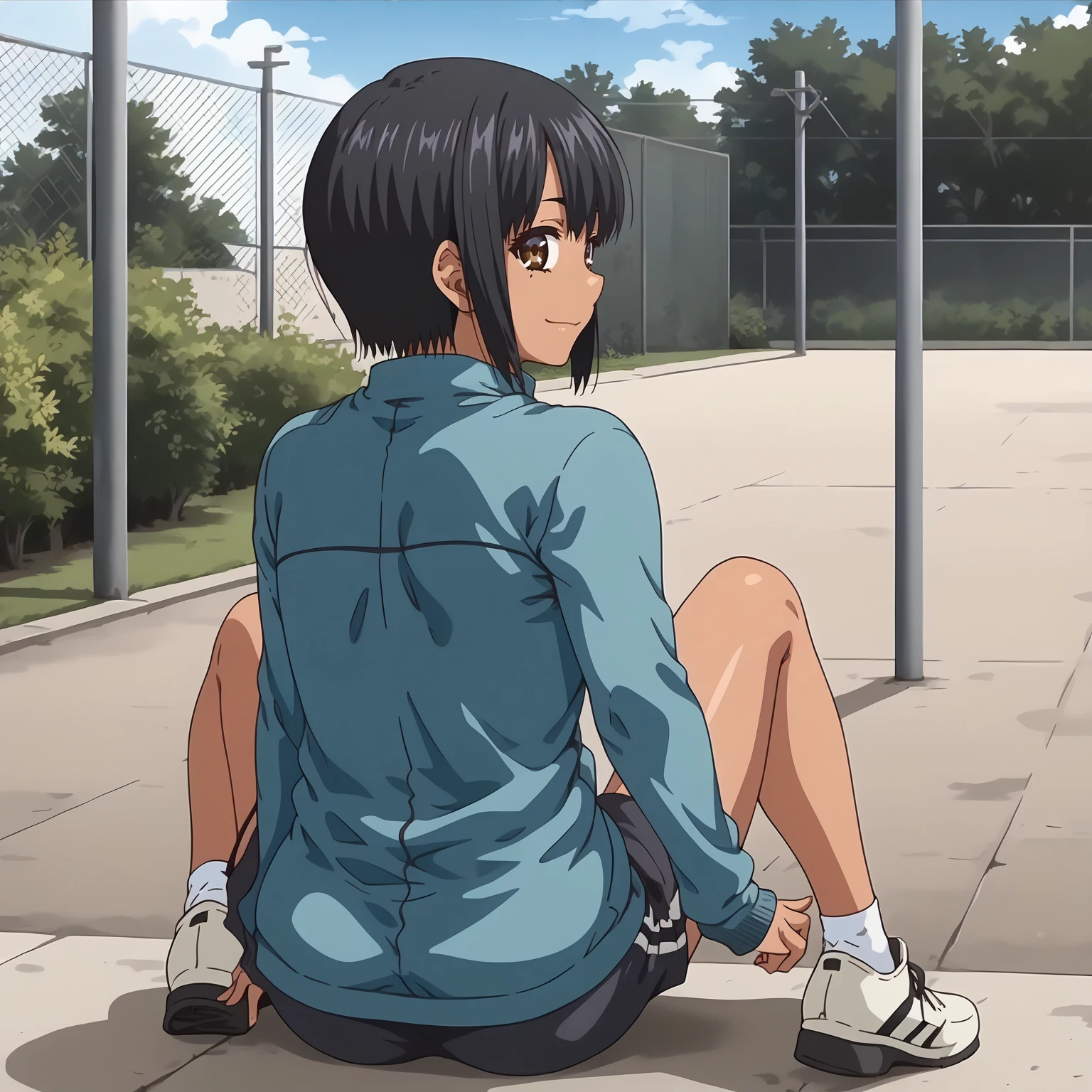 <lora:SoAkahoriXLpony001>,
looking at viewer,smile,
solo,
SoAkahori,1girl,black hair,short hair,brown eyes,tan,
gym jacket,long_sleeves,
shorts,
outdoors,
full body,sitting,looking back,