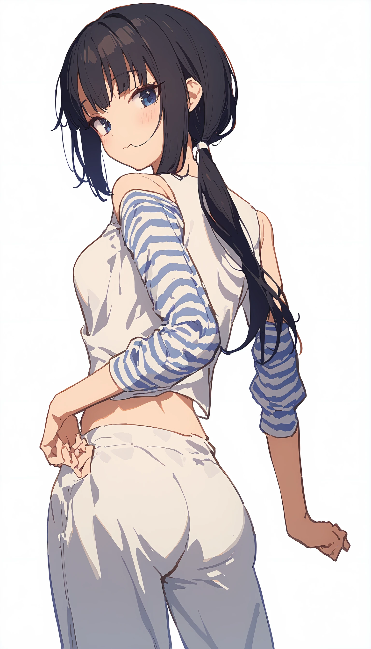 1girl,[hyuuga azuri | kamo kamen, mamyouda | kurasawa moko, maccha \(mochancc\)],
solo,low ponytail hair,summer pants,striped_sleeves,cowboy shot,looking at viewer,looking back,<lora:hair in mouth_XL_bx-v1.05:1>,
masterpiece,best quality,great quality,newest,recent,absurdres,