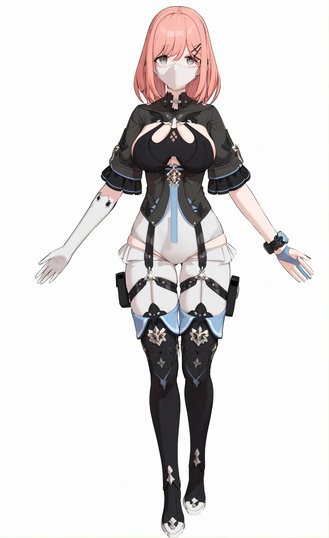 (((Best Quality))) , ((full body)), female, reference sheet, solo, (white background),  blindfold, tight clothes, bondage,