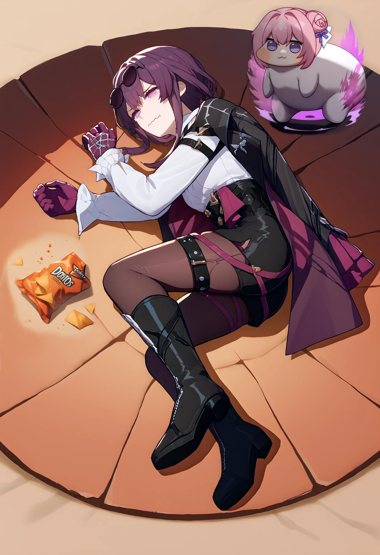 <lora:kafka_hsr_xypher_pdxl_v1:0.9> score_9, score_8_up, score_7_up BREAK source_anime, kafka, no pupils, eyewear on head, collared shirt, jacket on shoulders, purple gloves, high-waist shorts, pantyhose under shorts, thigh straps, asymmetrical legwear, black boots, <lora:meme_yamchapose_ponyXL:0.8> yamchapose, lying, on side, crater,<lora:concept_aquacrying_ponyXL:1> aquacrying, wavy mouth, closed mouth, tearing up
BREAK
score_9, score_8_up, score_7_up BREAK source_anime,  <lora:Doro_X_PDXL_V1:1> doro, \:3, chibi, pink hair, purple eyes, single side bun, hair bow, no humans, white skin, solid circle eyes, no pupils, [fat, obese::0.2], leaning forward, standing, full body, <lora:DBKiCharge_XLPD:1.2> (Ki Charge, aura, purple aura:1.2), simple background