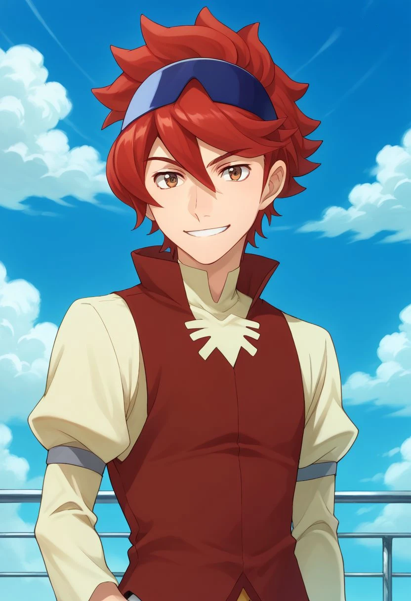 score_9, score_8_up, score_7_up, source_anime, highly detailed, 
reiji, 1boy, red hair, male focus, eyewear on head, sky, sunglasses, solo, cloud, day,
smile, brown eyes, blue sky,