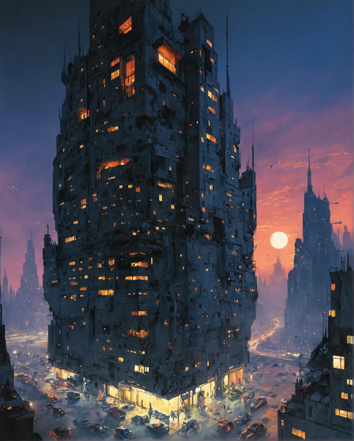 enki bilal,philippe druillet,moebius inspired euro sci-fi art "a dystopian cityscape at twilight, skyscrapers draped in neon lights piercing the misty air, hover cars threading their way through the buildings, and at the ground level, a blend of high-tech robotics and destitute humanity", the contrast in colors and textures should be distinct highly detailed,grainy texture,surreal,retro-futuristic,dramatic lighting