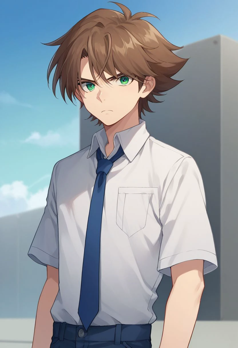 score_9, score_8_up, score_7_up, source_anime, highly detailed, 
kai, 1boy, brown hair, solo, green eyes, male focus, necktie, blue necktie, short sleeves, upper body, shirt, collared shirt, white shirt, pants, looking at viewer, frown,
outdoor, sky,