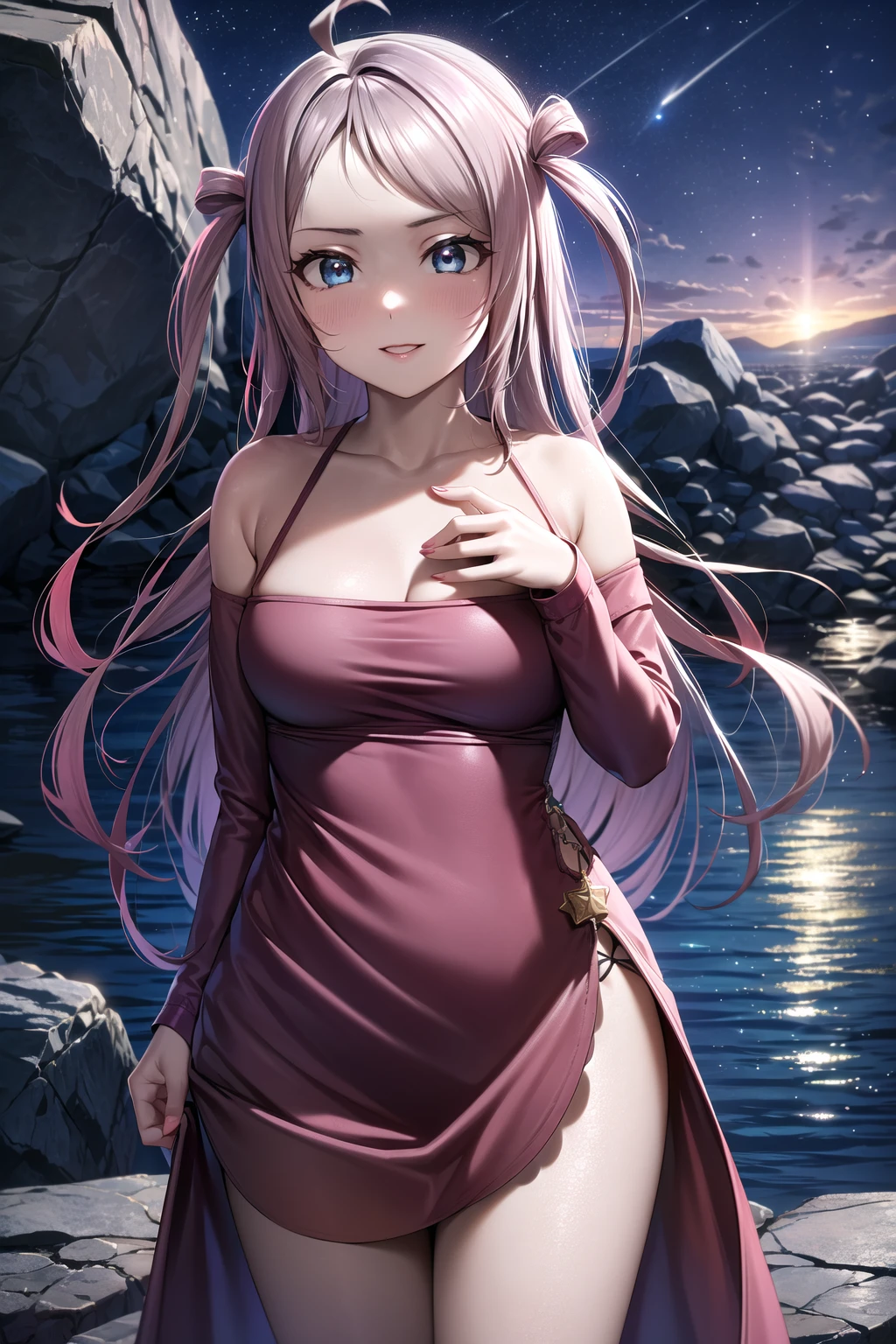 <lora:apstyle2:0.75> apstyle3 apstyle masterpiece best quality detailed eyes masterpiece best quality
lanzhu zhong, long hair, ahoge, blue eyes, bangs, pink hair, two side up, medium breasts,<lora:Lanzhu-0822:1>, medium hair, cowboy shot, standing, seductive smile, solo
(purple dress, long sleeves, thighs, bare shoulders, collarbone:1.2), , 
(lake, mountains, rock, star \(sky\), night, night sky, rocks:1.3) cowboy shot,
standing, parted lips,
<lora:detail_slider_v4:0.75> <lora:more_details:0.3> <lora:tareme:0.6> , ah1, <lora:LowRA:0.4>, <lora:SimplePositive_v1_AutoRunMech:1>, floating hair, <lora:GoodHands-vanilla:1>,