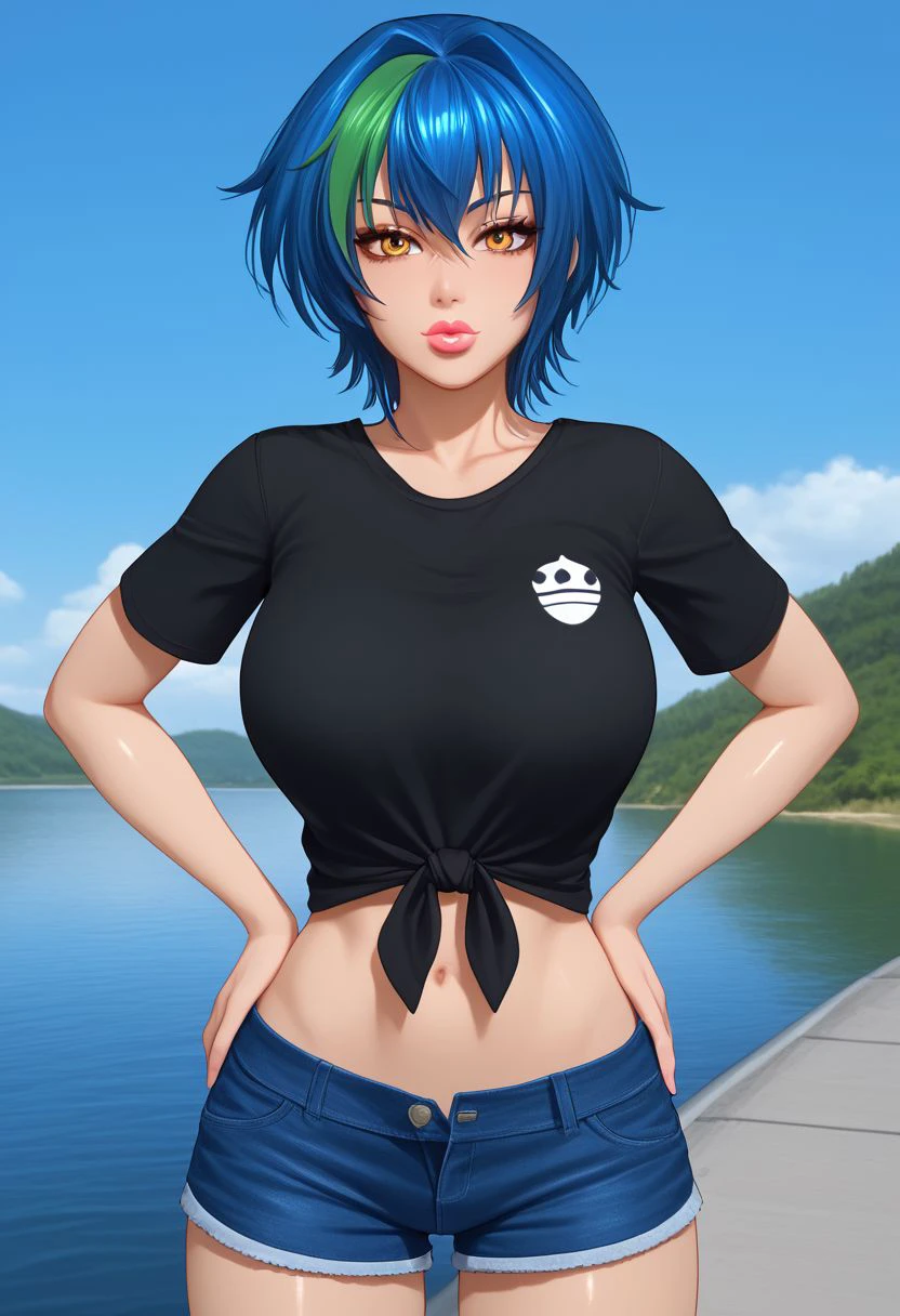 Masterpiece, best quality, high quality, highres, 4k, detailed face, perfecteyes, Expressiveh, xenovia quarta, blue hair, green streak, short hair, yellow eyes, large breasts, shiny lips, lipgloss, gyaru, bmbplora, long eyelashes, Tied shirt, midriff, Shorts, Bandana, lake, boat dock, hands on hips, toned,