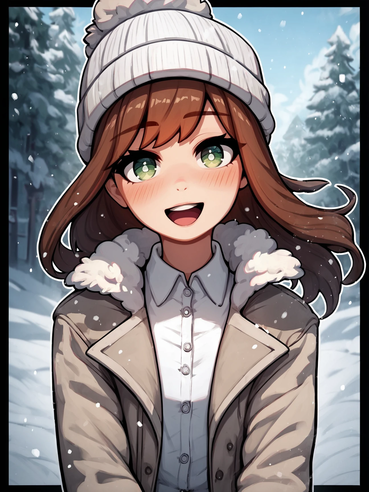 score_9, score_8_up, score_7_up, score_6_up, score_5_up, max detail, 4k wallpaper, masterpiece, best quality, absurdres, highres, dynamic angle, dynamic pose, source_anime,
(thick outline, black outline:1.1),
1girl, solo, hat, long hair, brown hair, shirt, green eyes, looking at viewer, white shirt, blush, snow, collared shirt, smile, fur trim, jacket, upper body, open clothes, white headwear, long sleeves, outdoors, blurry, blurry background, beanie, open mouth, coat, bangs, winter clothes
 <lora:ThickOutline:0.8>