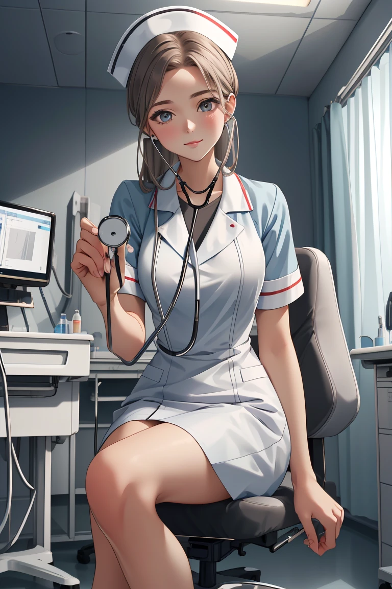 (RAW photo, best quality,facing the viewer,from front), operating room, overhead surgical light,blurred background, focused, dithering,backlighting,
 <lora:CM_Nurse_Stethoscope_Listen_V2.0-000005:0.85> nurse_listensteth, 1girl, solo, nurse, stethoscope, nurse cap, sitting,