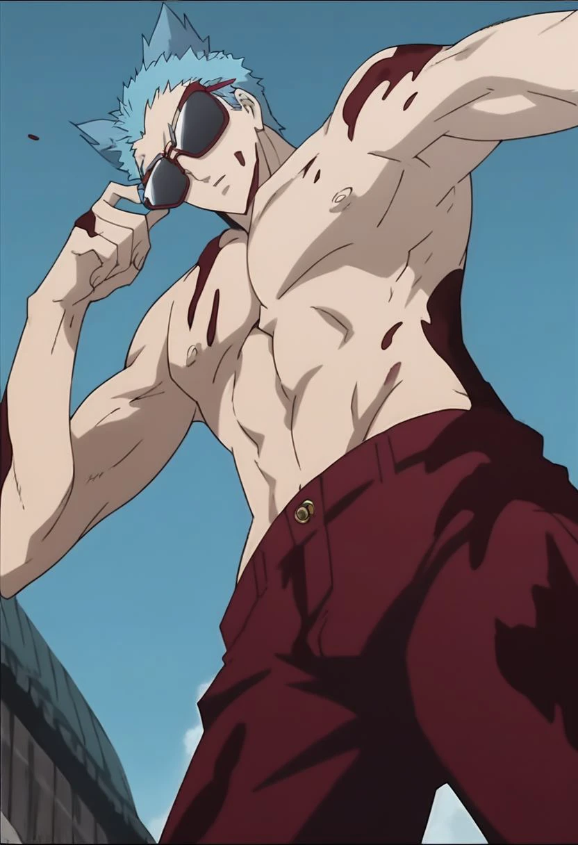 score_9, score_8_up, score_7_up, source_anime, rating_questionable, Tatsumishiki, 1boy, male focus, anime screencap, sunglasses on, topless, red pants, from below, burn the runway king!